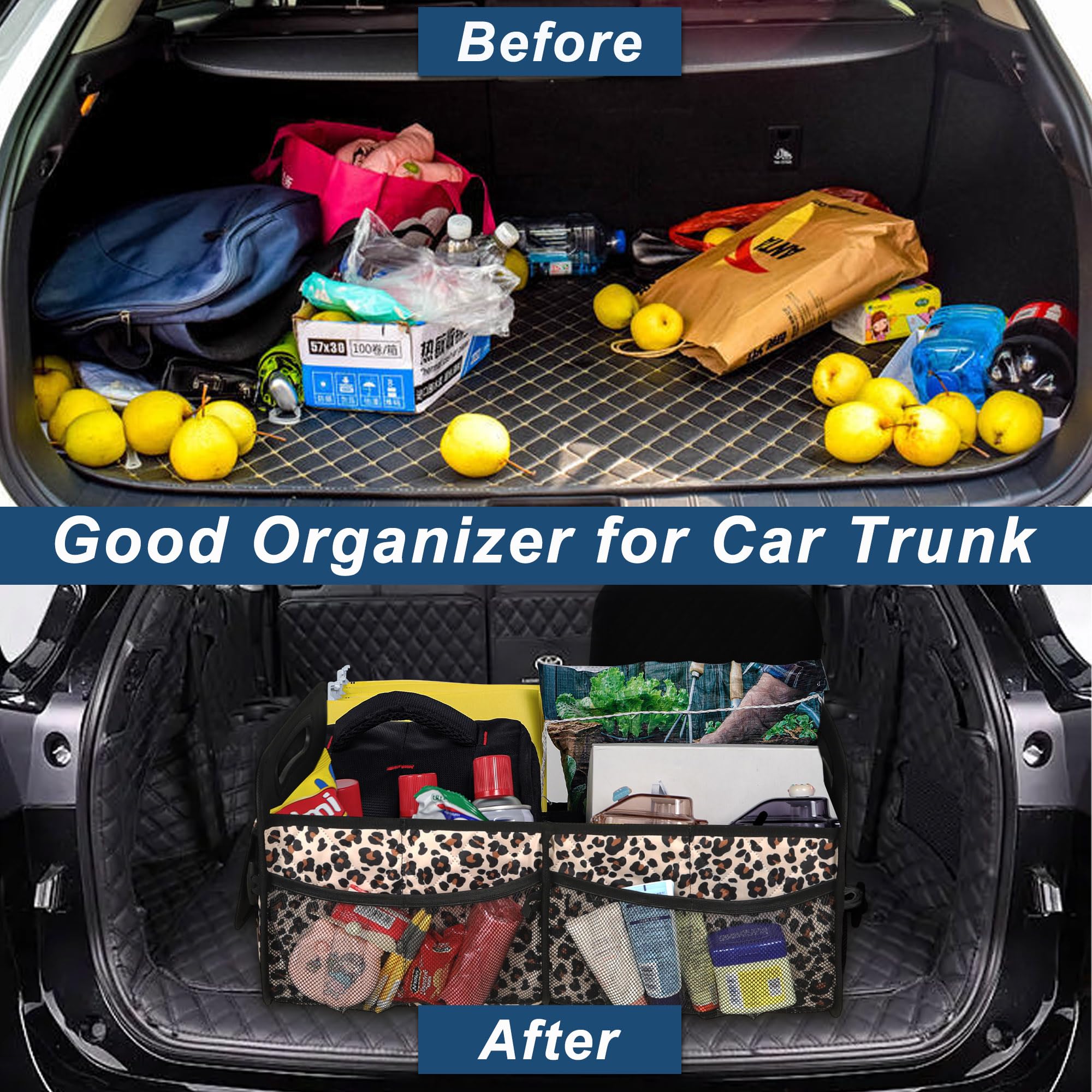 Deosk Car Trunk Organizer, 50L Waterproof Polyester, Medium Size, Leopard Print, 6 Pockets for SUV/Minivan/Truck