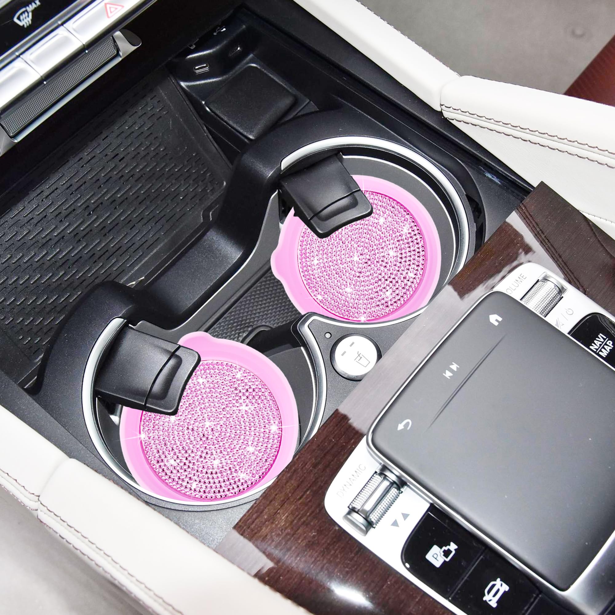 Amooca Car Cup Coaster Universal Non-Slip Cup Holders Bling Crystal Rhinestone Car Interior Accessories 2 Pack Pink Whole Rhines