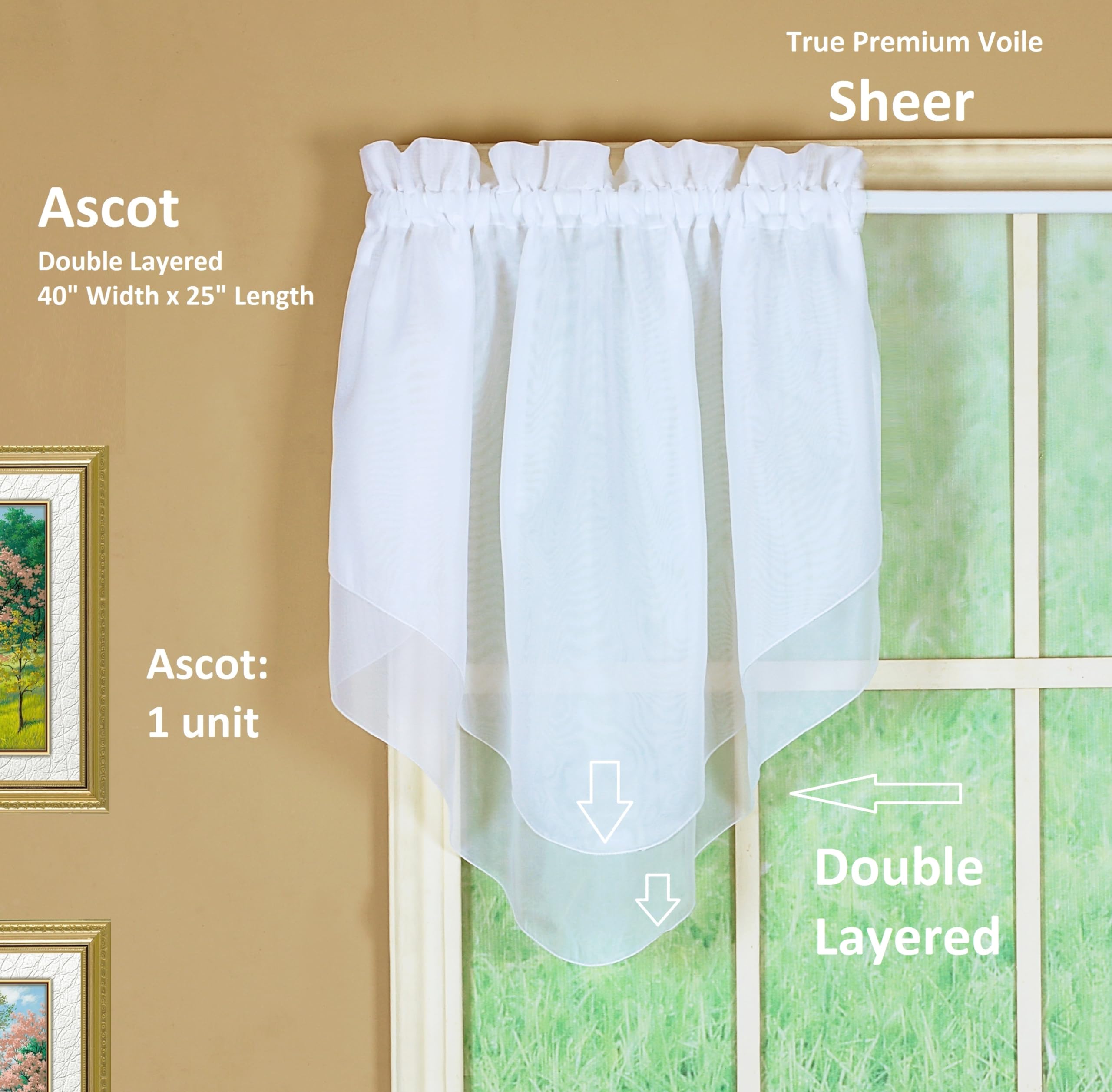 Today's Curtain Emelia Voile Ascot 25" Sheer Curtain Panel, 40"W x 25"L, White, Model CA2002P-AA, Polyester