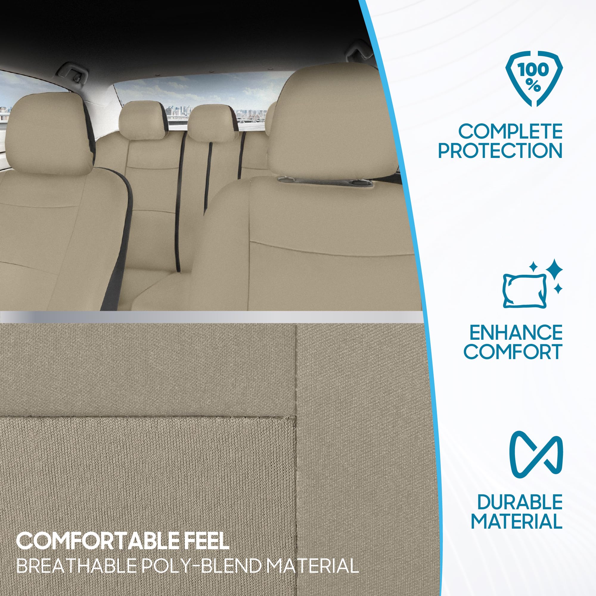 BDK PolyPro Car Seat Covers Full Set in Solid Beige, Front and Rear Split Bench Seat Covers for Cars, Easy to Install Car Seats
