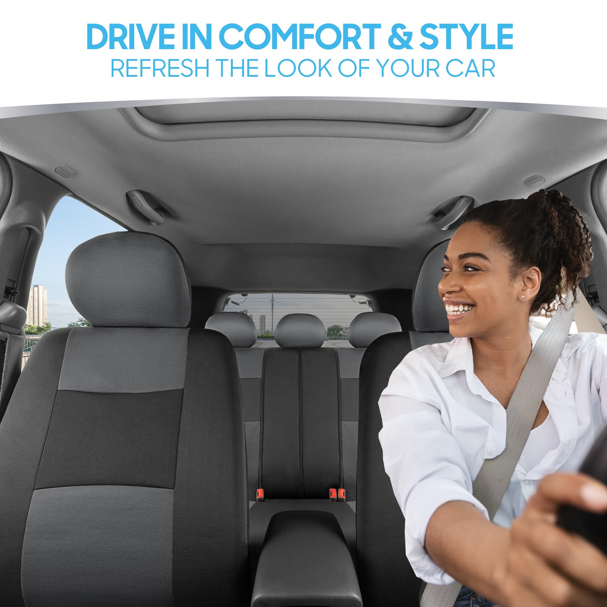 BDK PolyPro Car Seat Covers Full Set in Gray on Black, Front and Rear Split Bench Seat Covers for Cars, Easy to Install Car Seat
