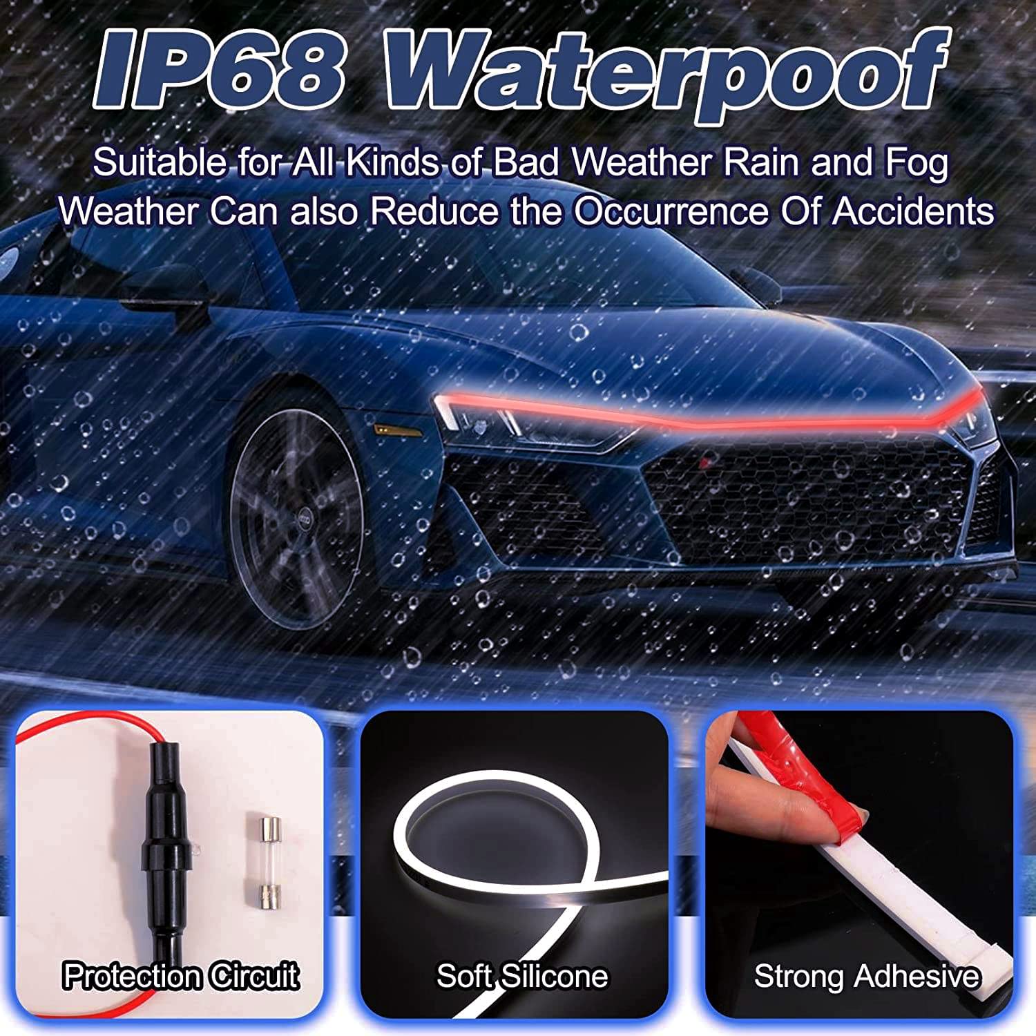 Car Hood Light, 70 Inch Auto Led Daytime Running Lights Strip, 12V Flexible Headlight Universal Engine Cover Decoration Exterior