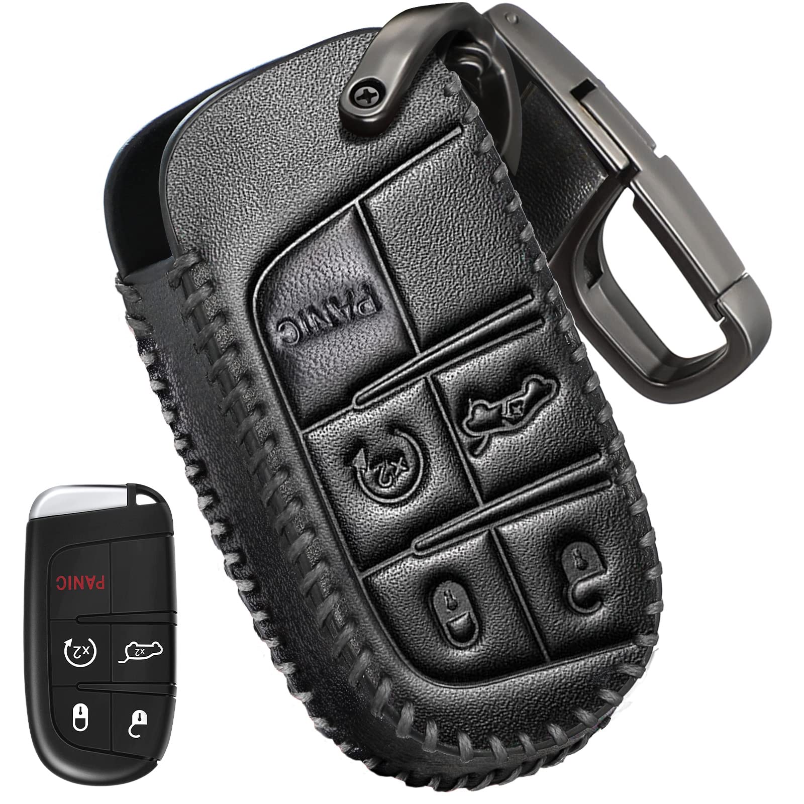 Slohif For Jeep Leather Key Fob Cover Accessories For Grand Cherokee Renegade Chrysler 200 300 Dodge Ram Durango Challenger Journey Dart Fiat 5 Buttons, Leather Case+D-Ring+Hook(Black)