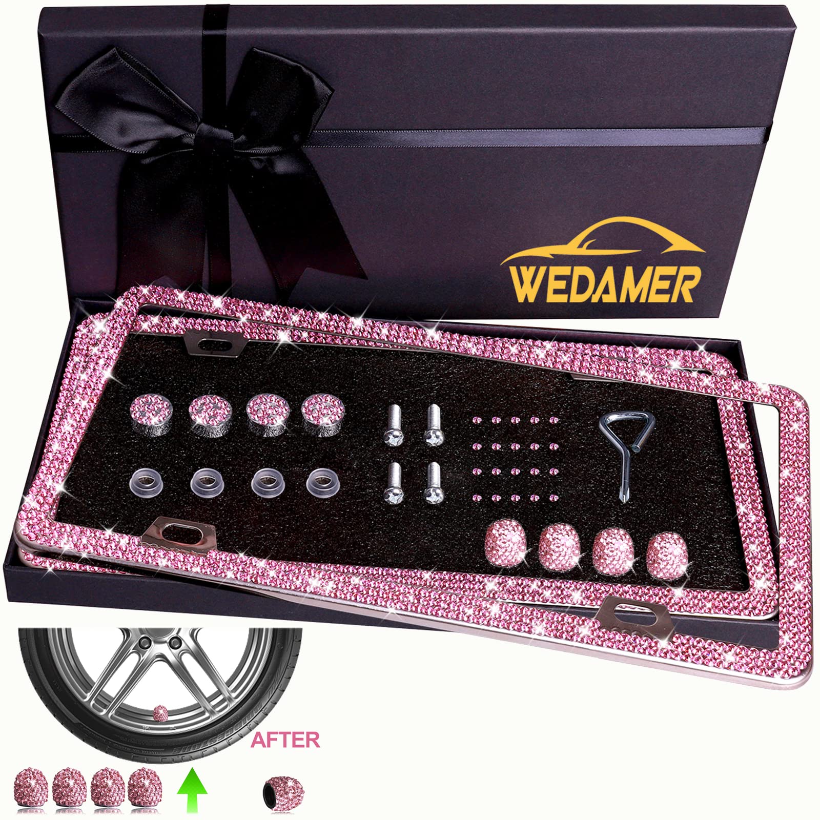 Wedamer Pink License Plate Frame Bling License Plate Frames For Women Sparkly Rhinestone License Plate Frame Diamond Bedazzled G