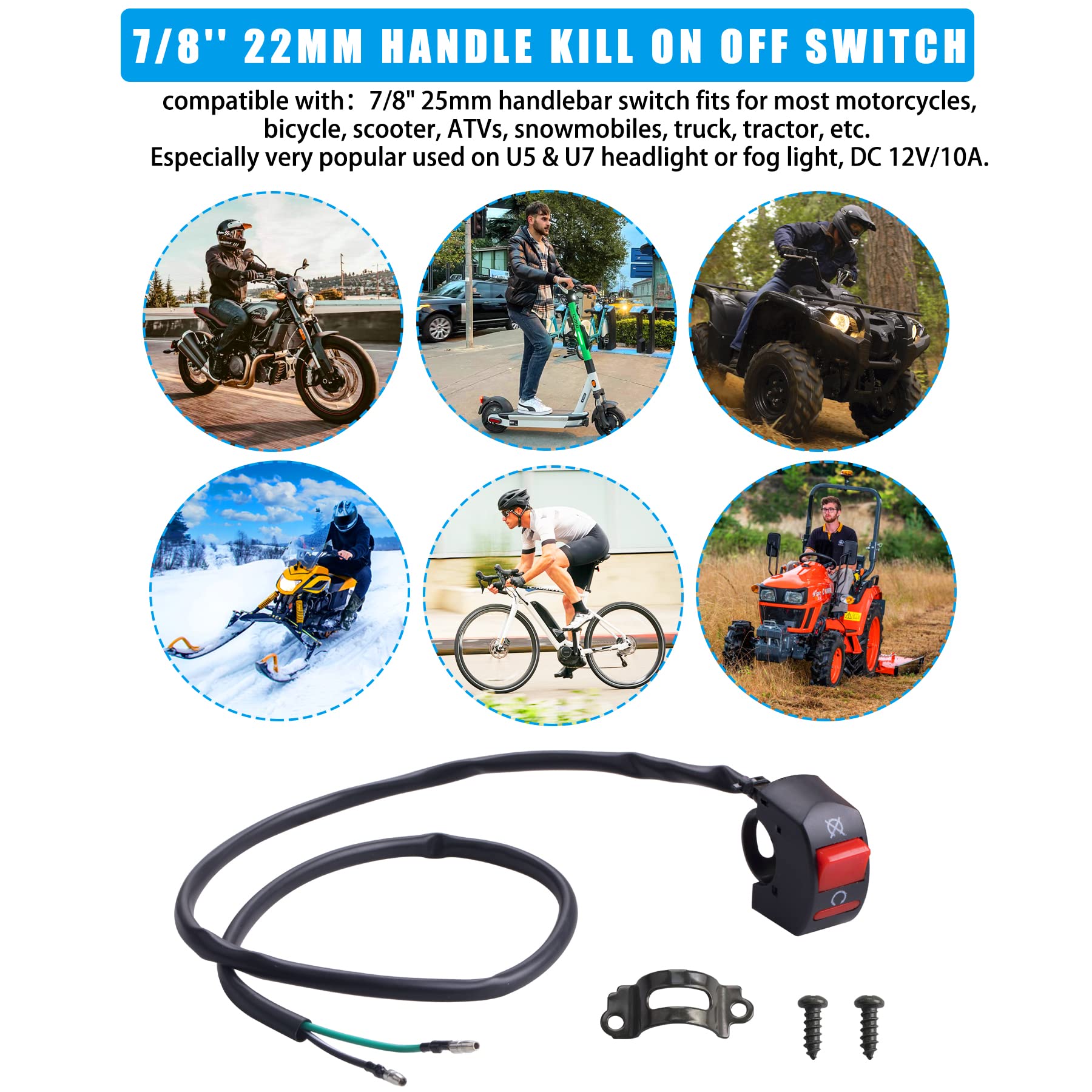 JINGKE 7/8'' 22mm Handle Kill On Off Switch for ATV Motorcycle Scooter Go Kart Engine Offroad Enduro Dirt Bike Baja Doodle Bug D