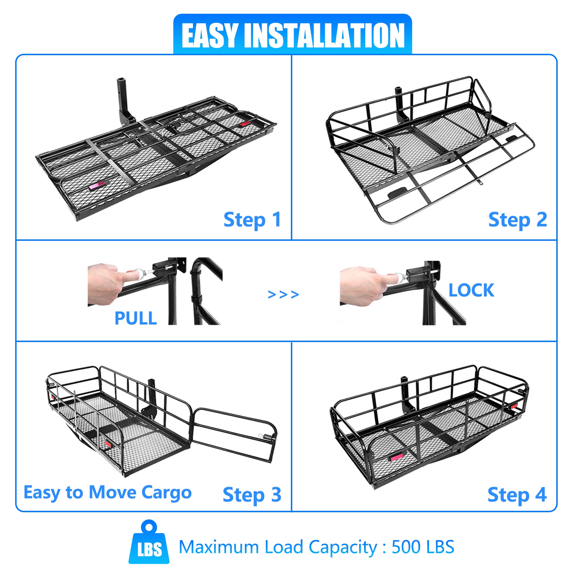 Kairay 500 Lbs Heavy Duty Hitch Mount Cargo Carrier 60''X24''X14.4'' Folding Rear Luggage Rack Basket Fits 2'' Receiver For Car