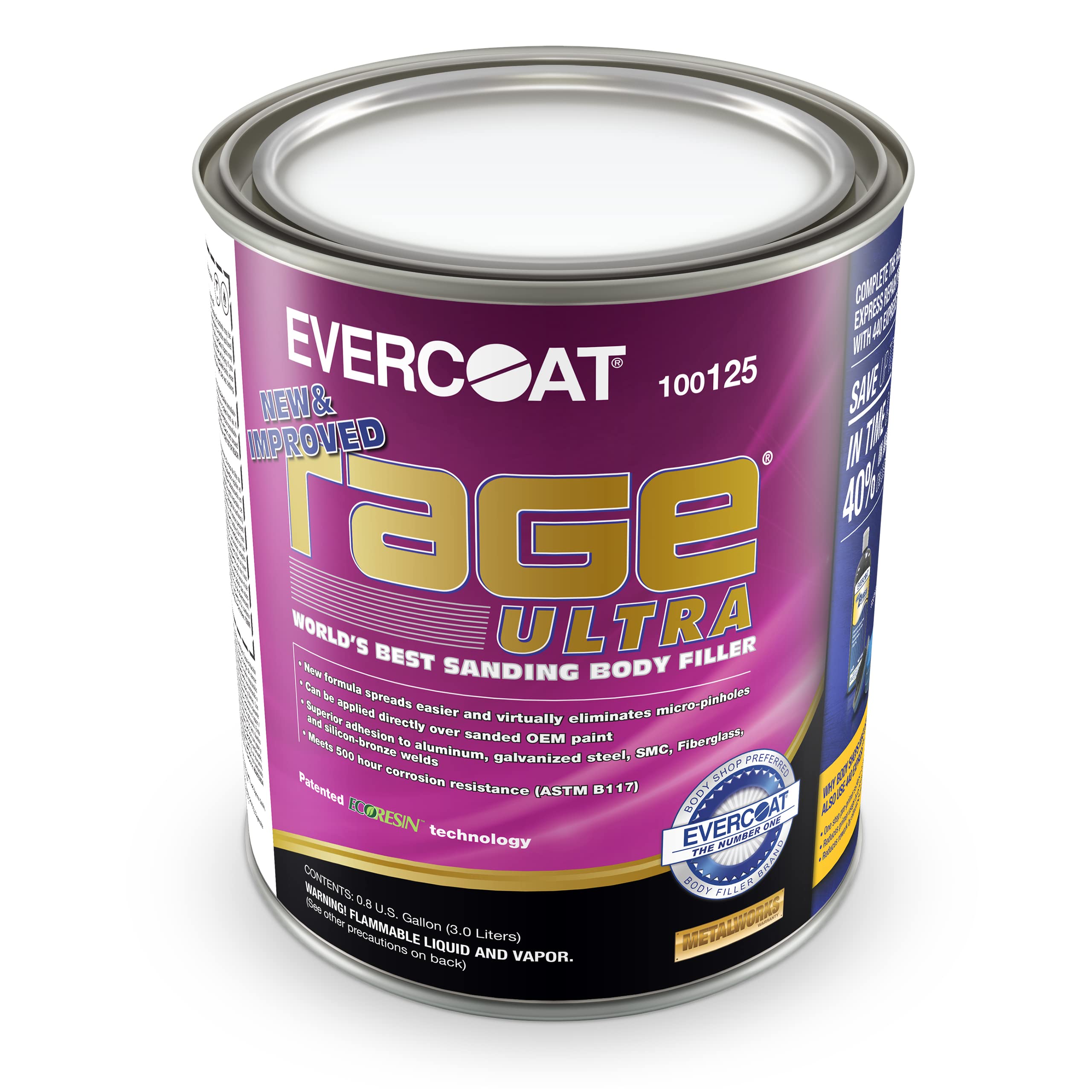 Evercoat Rage Ultra Sanding Body Filler - 128 Fl Oz, Aluminum Oxide, for Steel, Fiberglass, Aluminum - 0.8 Gallon, Model 125