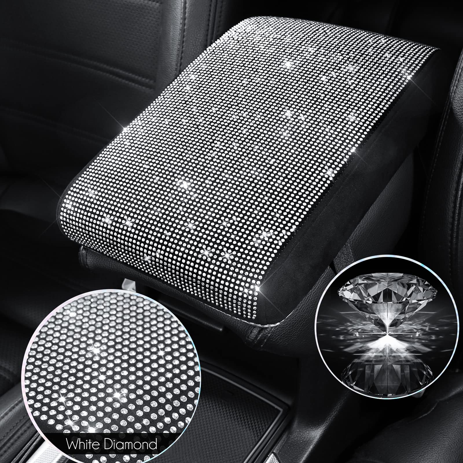 Seg Direct Diamond Auto Center Console Cover, Bling Car Armrest Cover, Memory Foam Armrest Cushion Pad With Crystal Rhinestones, Universal Seat Box Cover, White Diamond