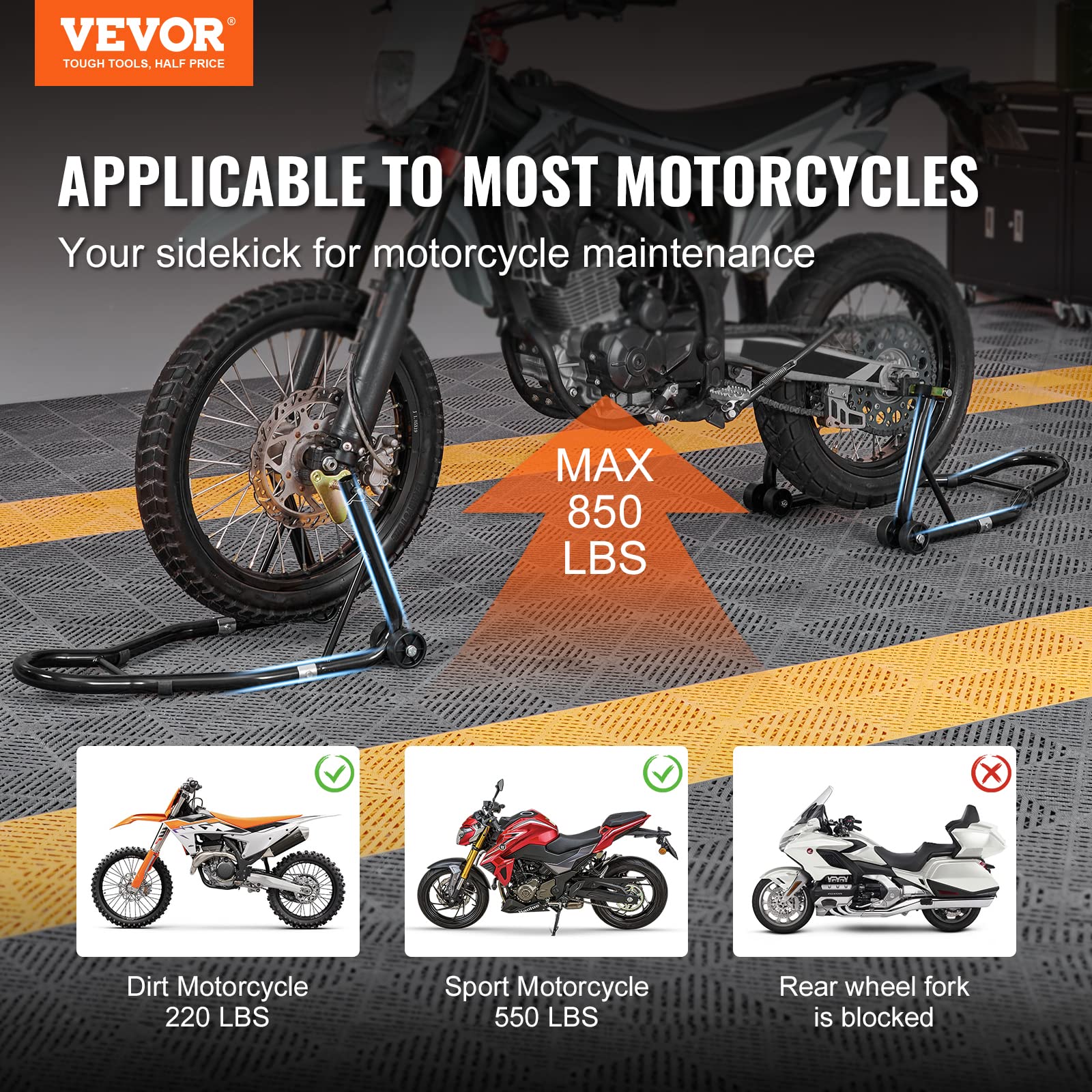 VEVOR Motorcycle Stand Lift - 850lbs Front & Rear Combo, Steel, Black, Model TD-003-05FR, Compatible with Yamaha, Honda, Kawasaki, Suzuki