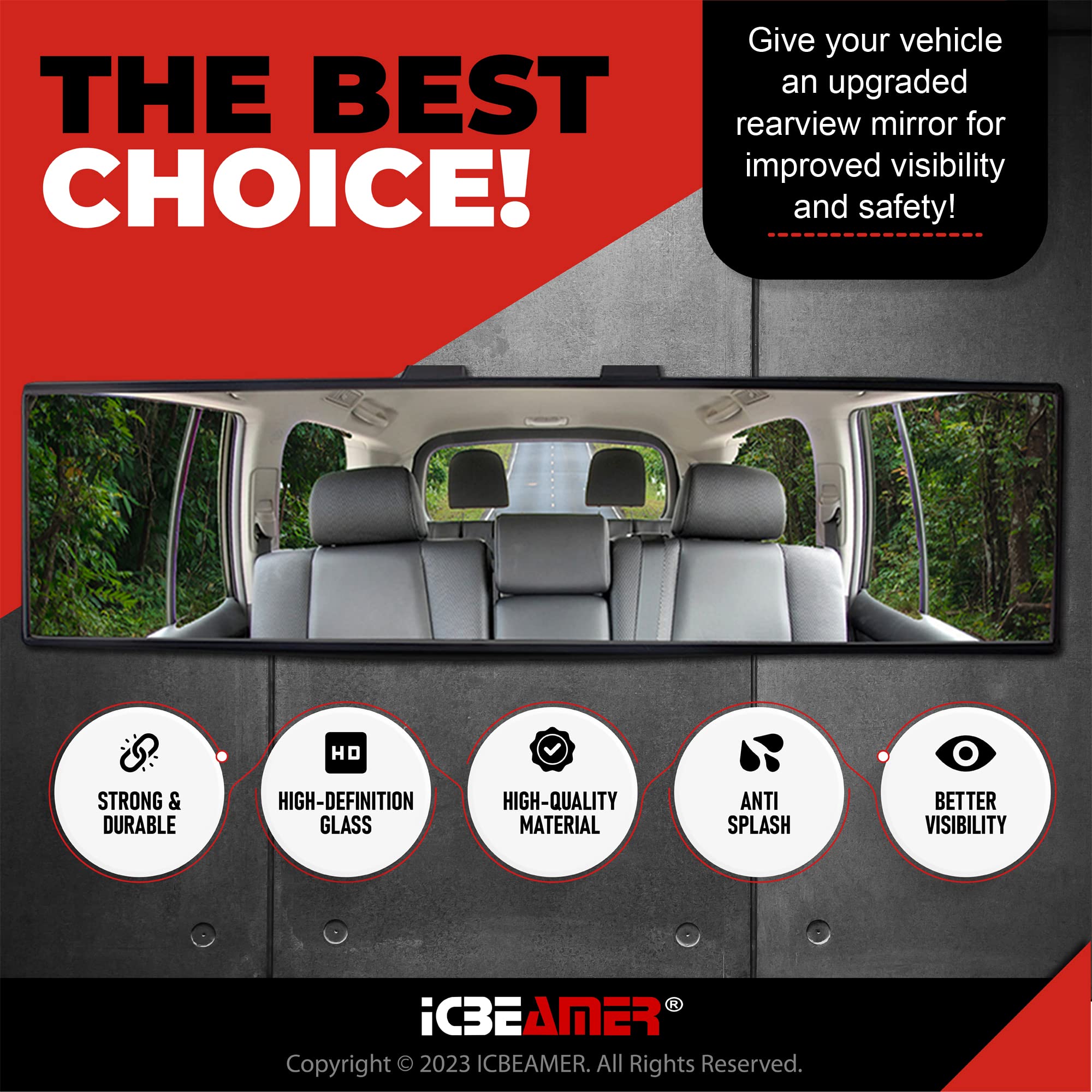 Icbeamer 14.2'' Car Rear View Mirror, Clear Flat Surface, 360Mm Panoramic Wide Angle, Blindspot Mirror Accessories For Car, Rubb