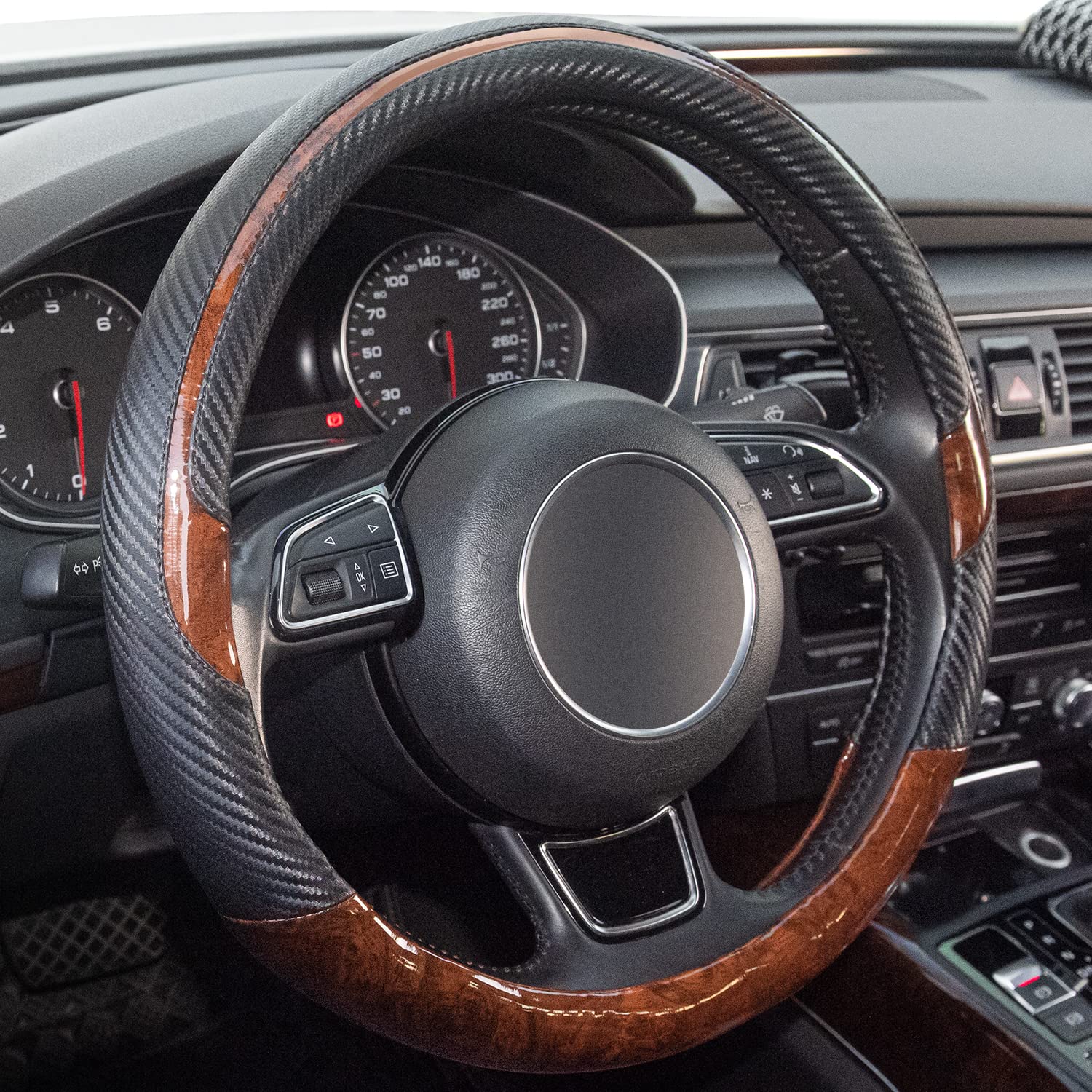 Xizopucy Wood Grain Steering Wheel Cover Black Universal Microfiber Leather, Suitable For 14 1/2-15 Inch Comfortable Anti-Slip, Good Breathable And Odorless Car Steering Wheel Cover