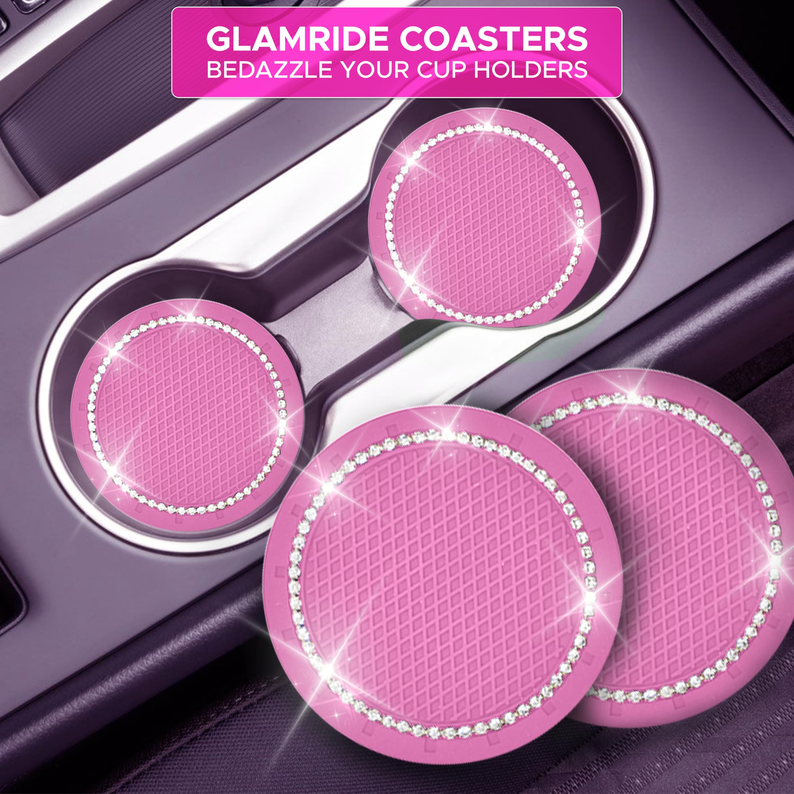 EcoNour Car Cup Coasters (2 Pack) with Pink Push Start Button Bling Ring (1 Pack) | Pink Car Interior Accessories for Women | Cl
