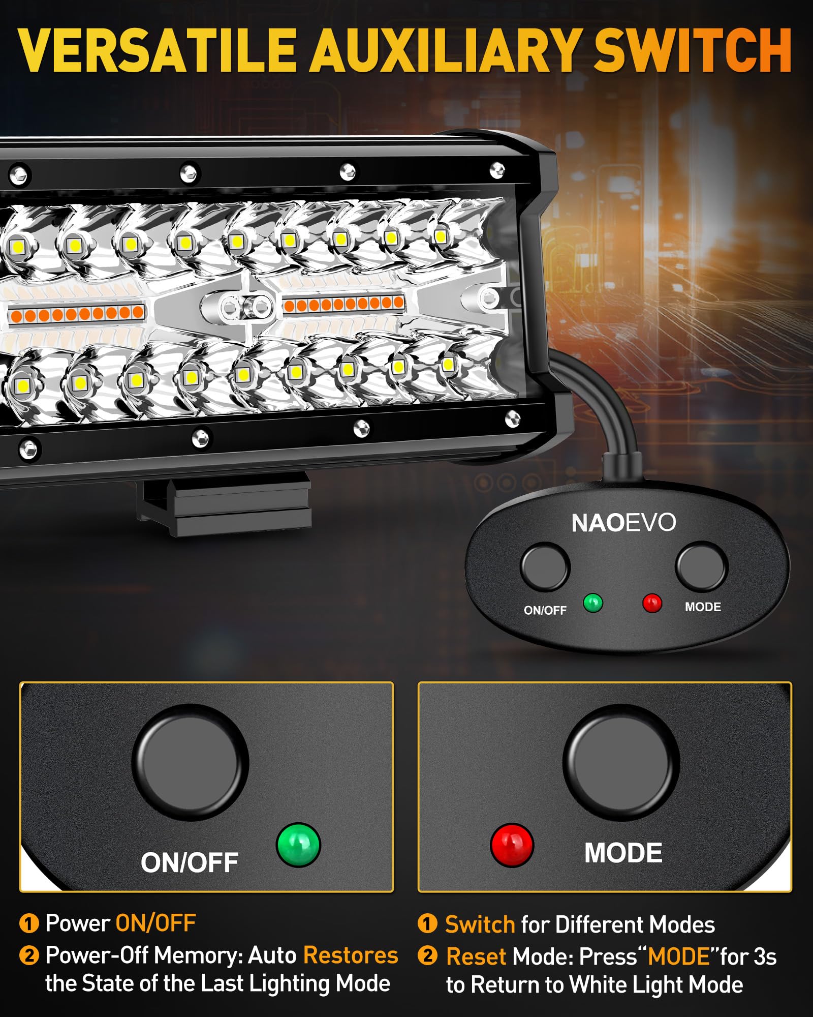 NAOEVO 7 Inch LED Light Bar - White Amber Offroad Fog/Driving Lights, Aluminum, 6 Modes, Includes Wiring Harness, 2-Pack