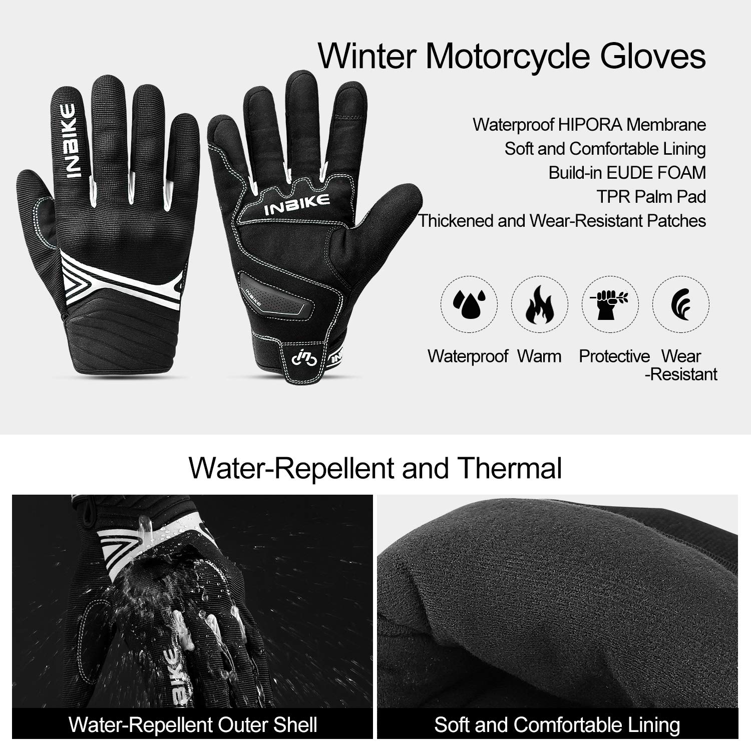 Inbike Waterproof Winter Motorcycle Gloves Thermal Fleece Touchscreen With Tpr Palm Pad Cushioning Hard Knuckle White Xx-Large