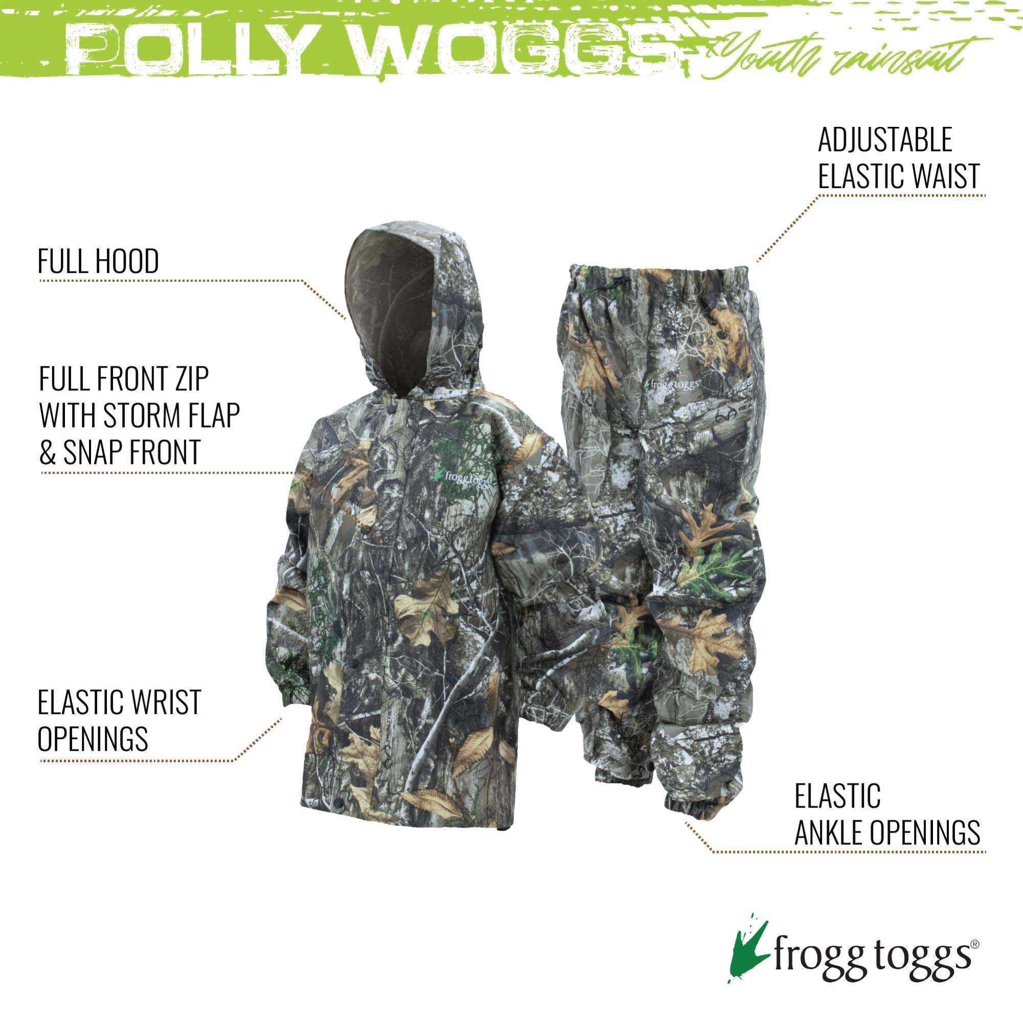 Frogg Toggs Youth Polly Waterproof Breathable Rain Suit, Realtree Edge, Medium Us