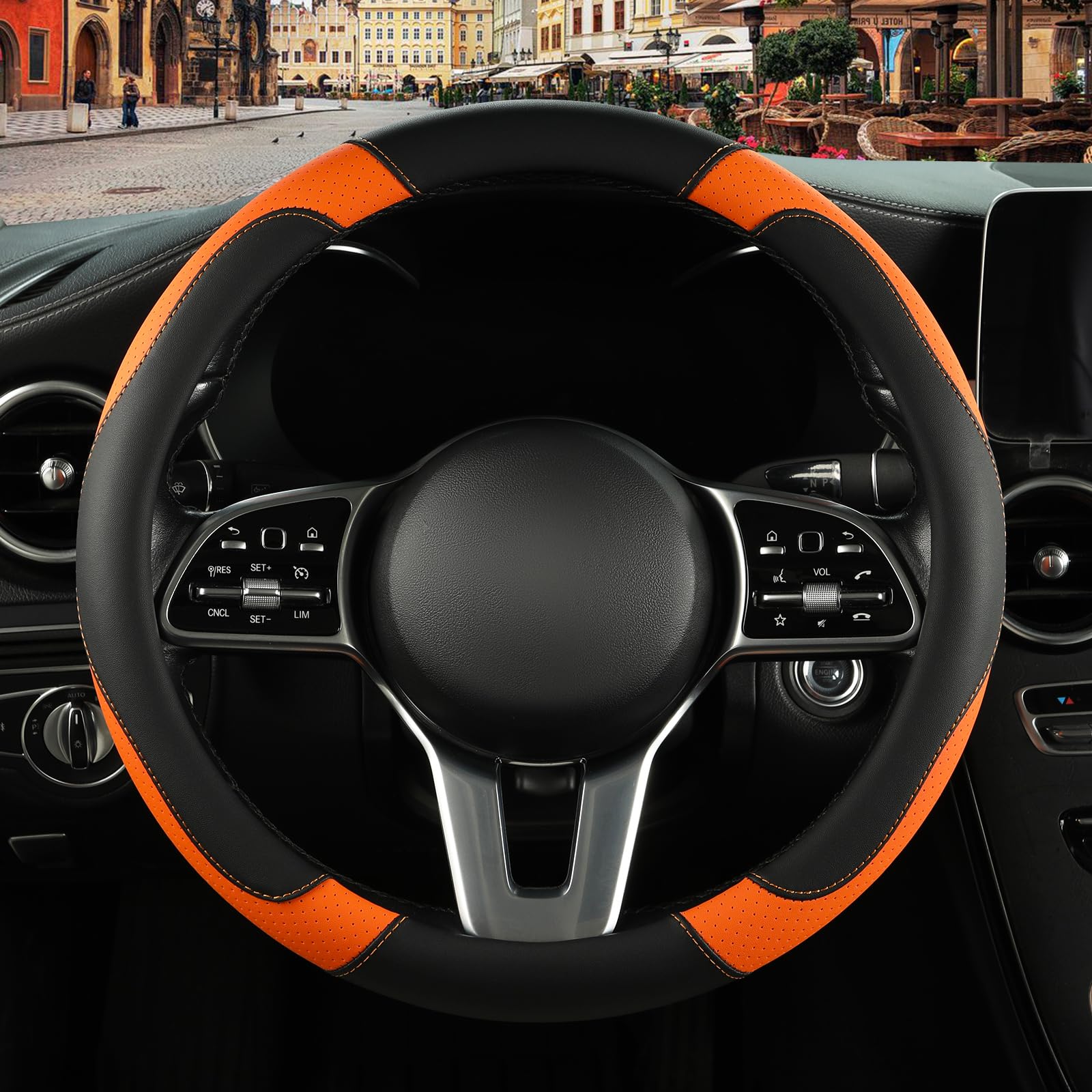 Binsheo Leather Steering Wheel Cover - Breathable, Anti-Slip, Black/Orange, Round-Middle (14.5''-15'') - Model BI-TQDKPGFXPT-BL