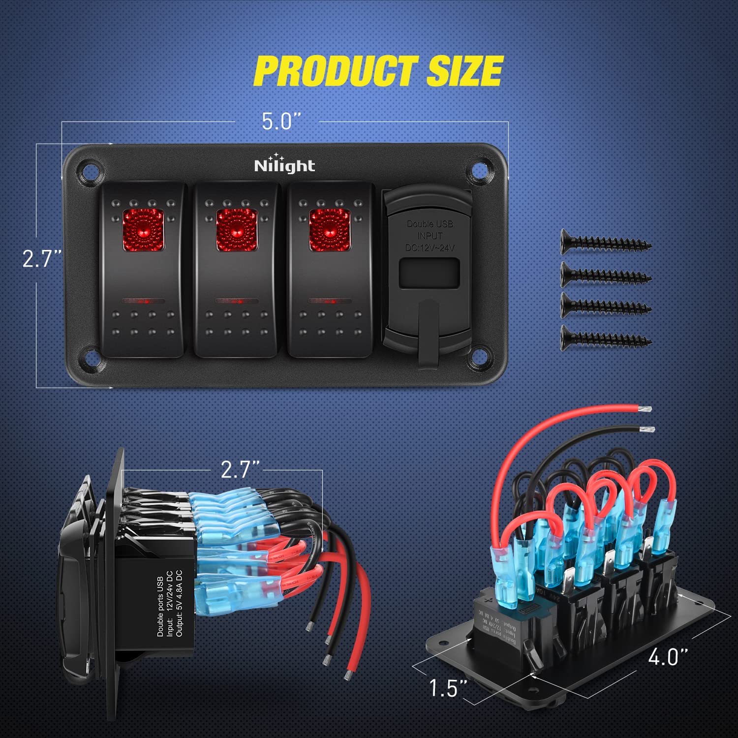 Nilight 3 Gang Rocker Switch Panel Green Backlit With 4.8 Amp Dual Usb Charger Voltmeter Waterproof 12V 24V Dc Night Glow Sticke