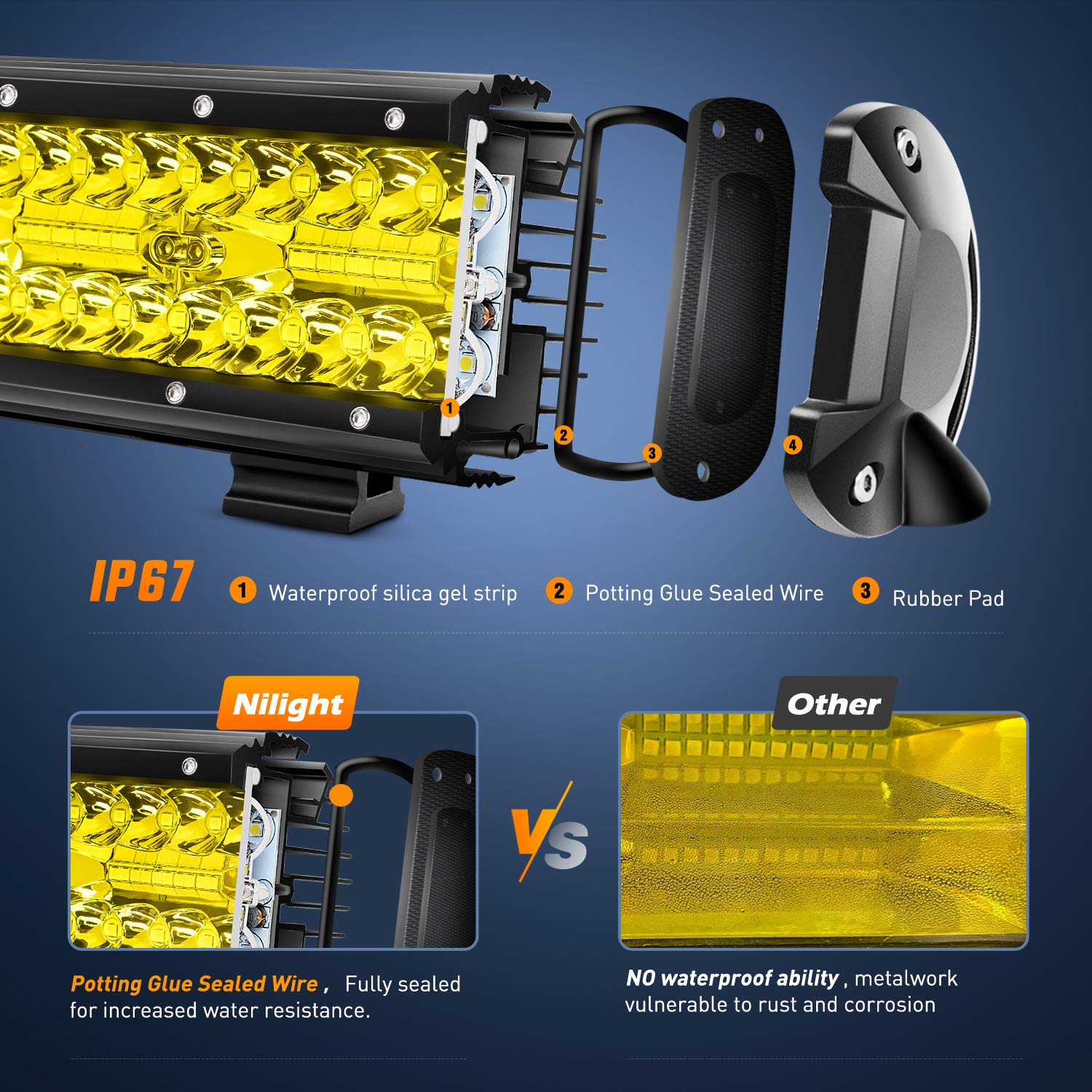 Nilight 18033C-A 12 Inch 240W Amber LED Light Bar - Triple Row Spot & Flood Combo for Trucks, 30000LM, Aluminum Alloy