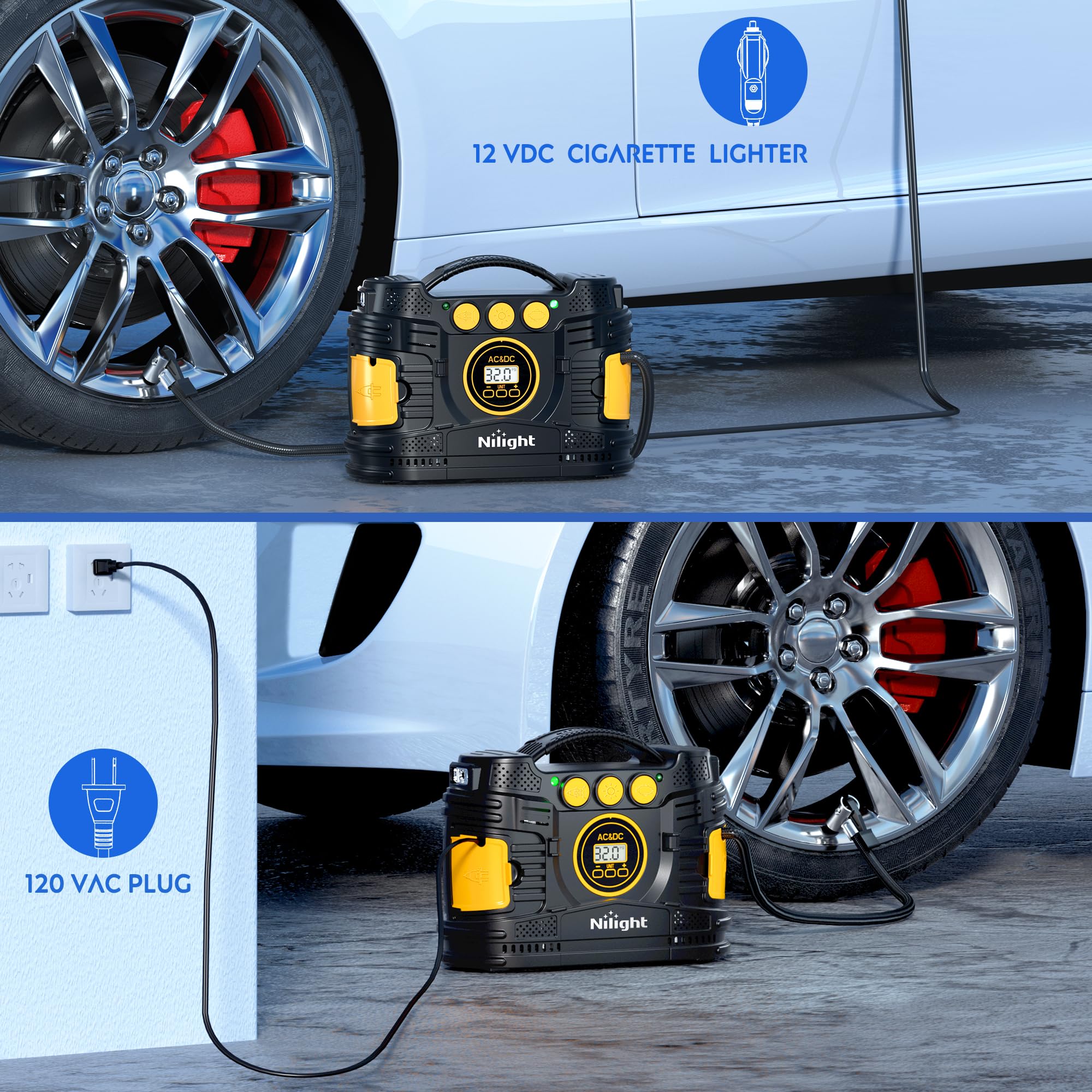 Nilight Tire Inflator Portable Air Compressor Dual Power For Car 12V Dc And Home 110V Ac Tire Pump W/Tire Pressure Gauge Fast In