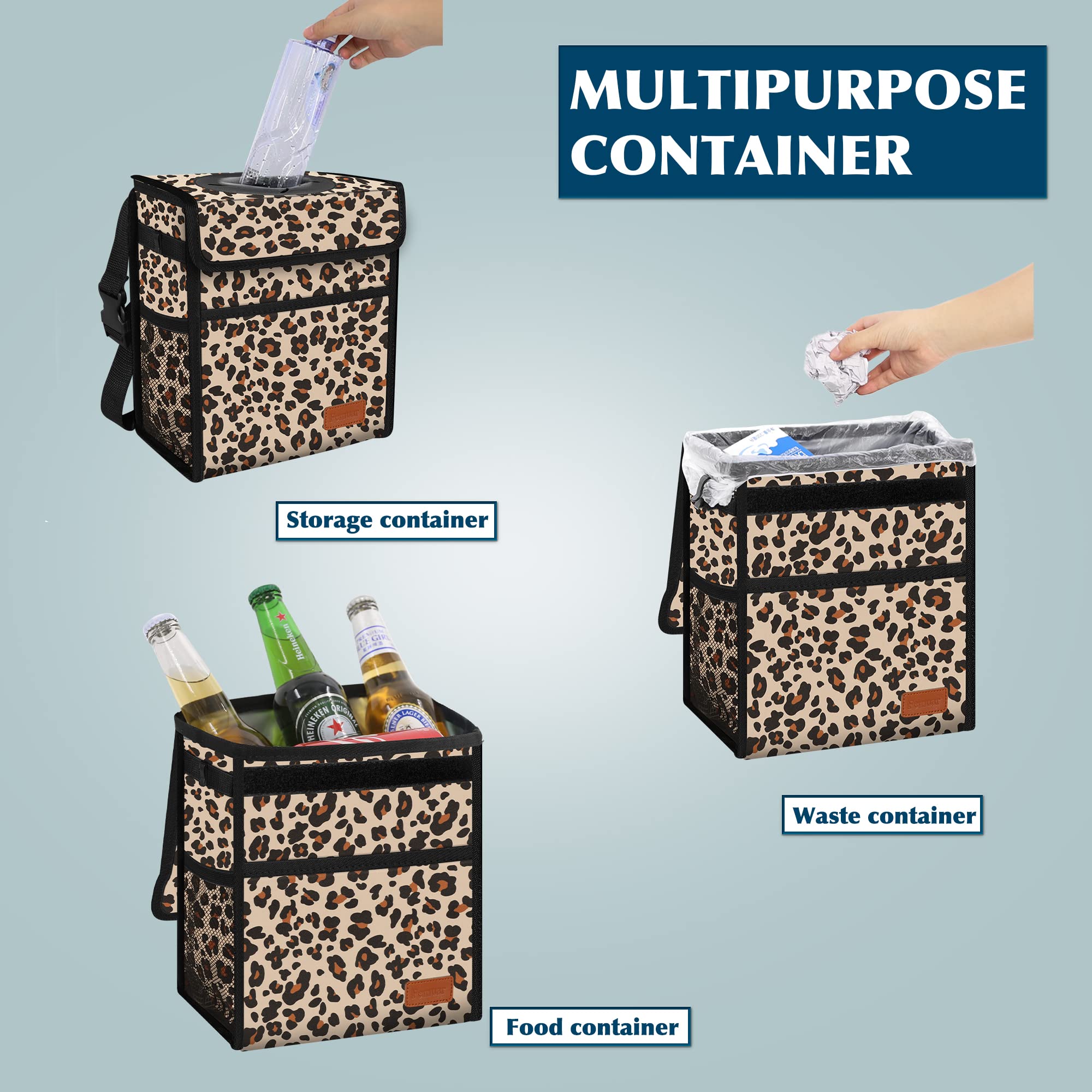 Femuar Car Trash Can - Leak Proof, Waterproof, 2.25 Gallons, Leopard Print, Collapsible, Portable for SUV Front Seat, Mesh Pocket