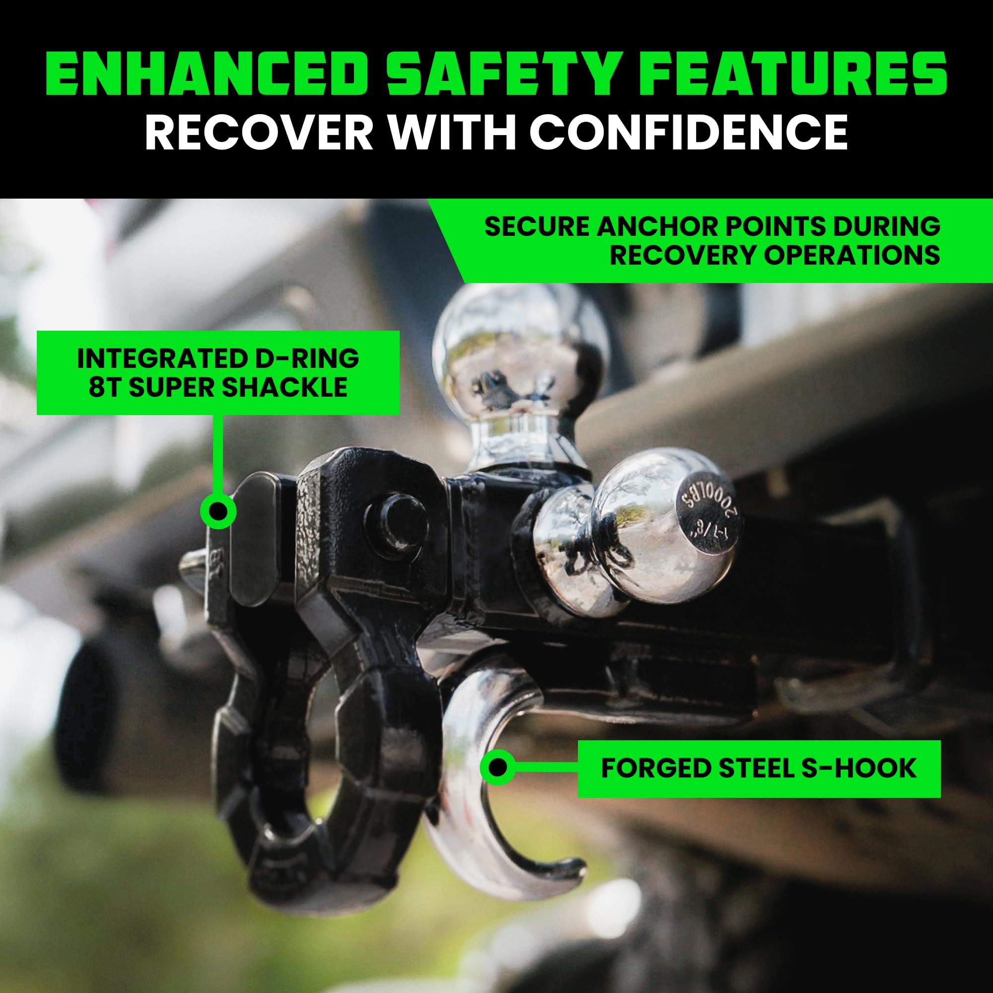 Rhino USA Trailer Hitch Tri-Ball Mount with Hook, Shackle & Locking Pin (2-Inch Receiver) Versatile Tow Hitch Ball Size 1-7/8 In