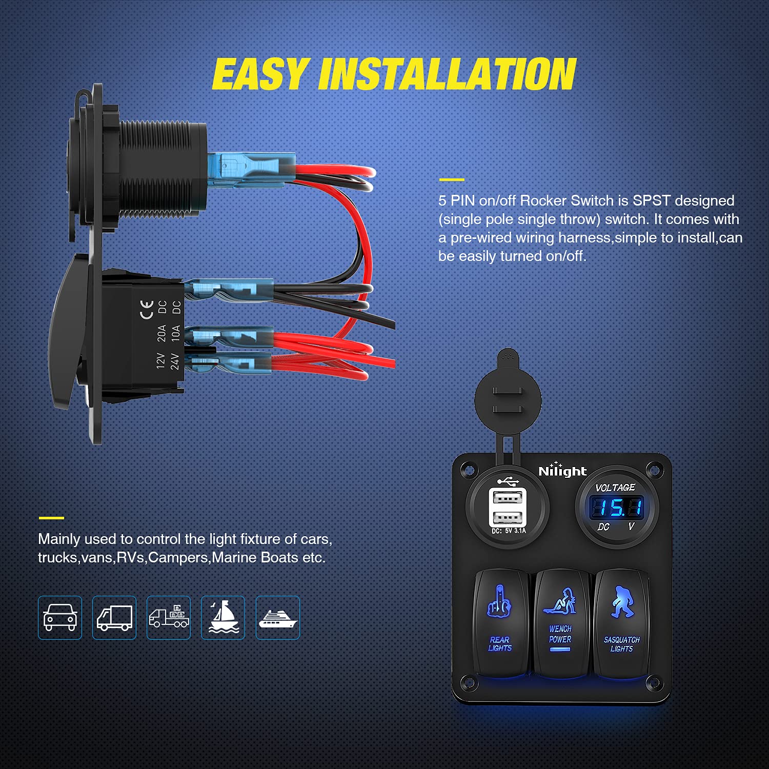 Nilight 3 Gang Rocker Switch Panel USB Charger LED Voltmeter Sasquatch Lights Wench Power Rear Lights Switch On Off Waterproof T