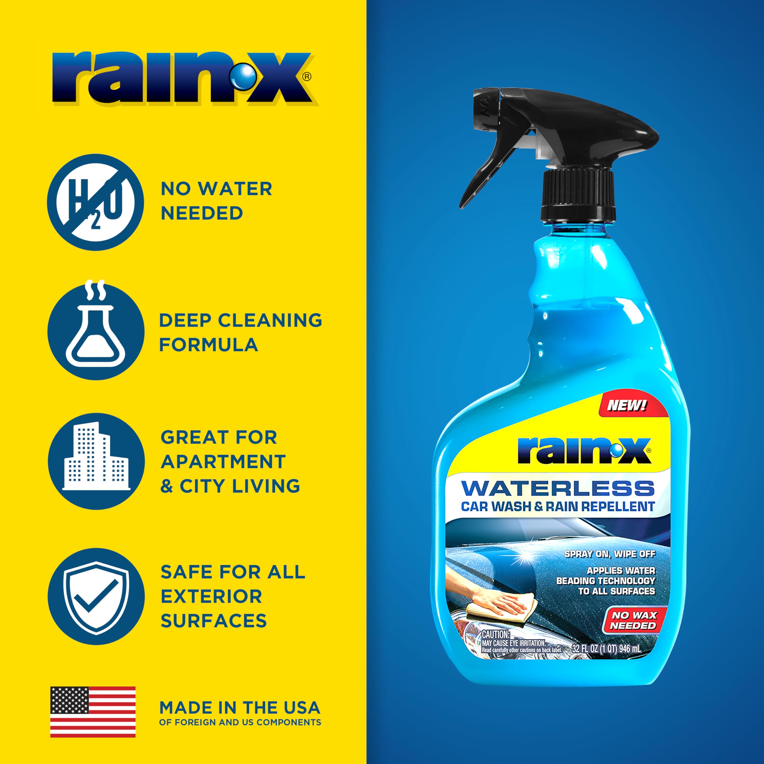 Rain-X Waterless Car Wash & Rain Repellent, 32 fl. oz., Model 620100, Ideal for Quick Cleaning & Protection