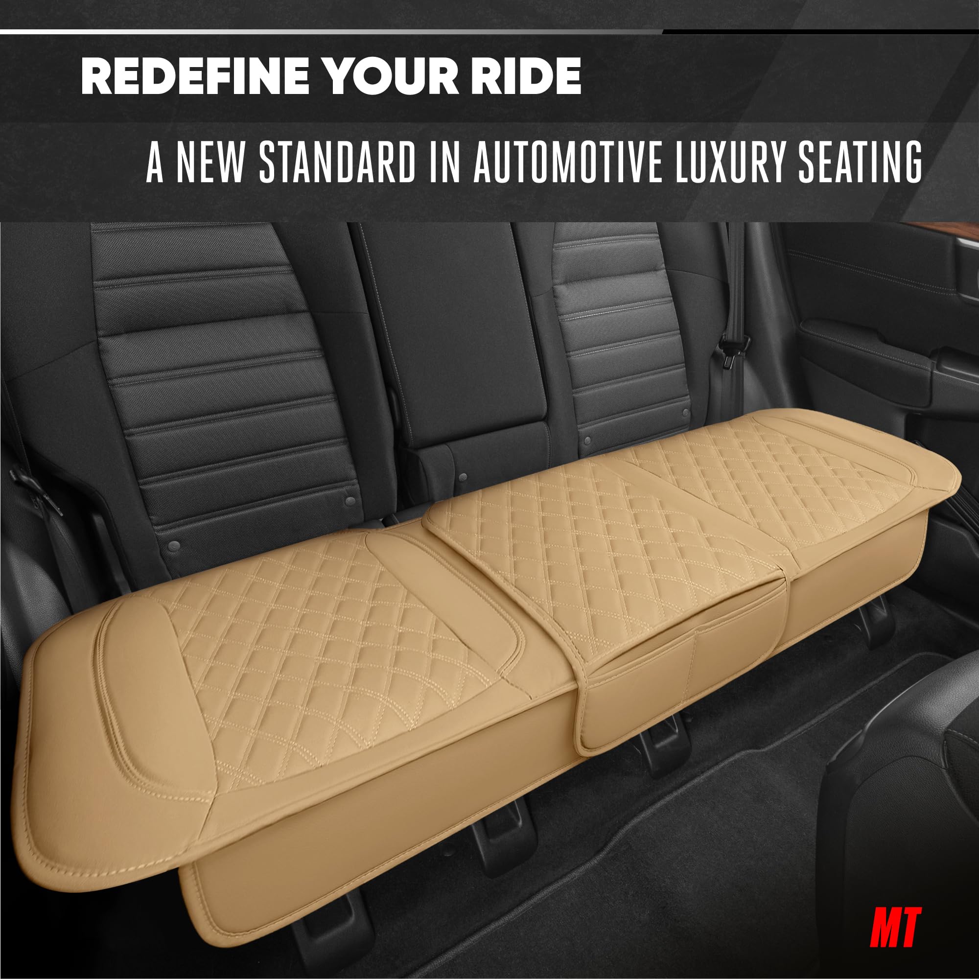 Motor Trend Rear Seat Cushion - Beige Faux Leather Cover, Padded & Waterproof, Model UMA32-MSC56, for Cars, Trucks, SUVs