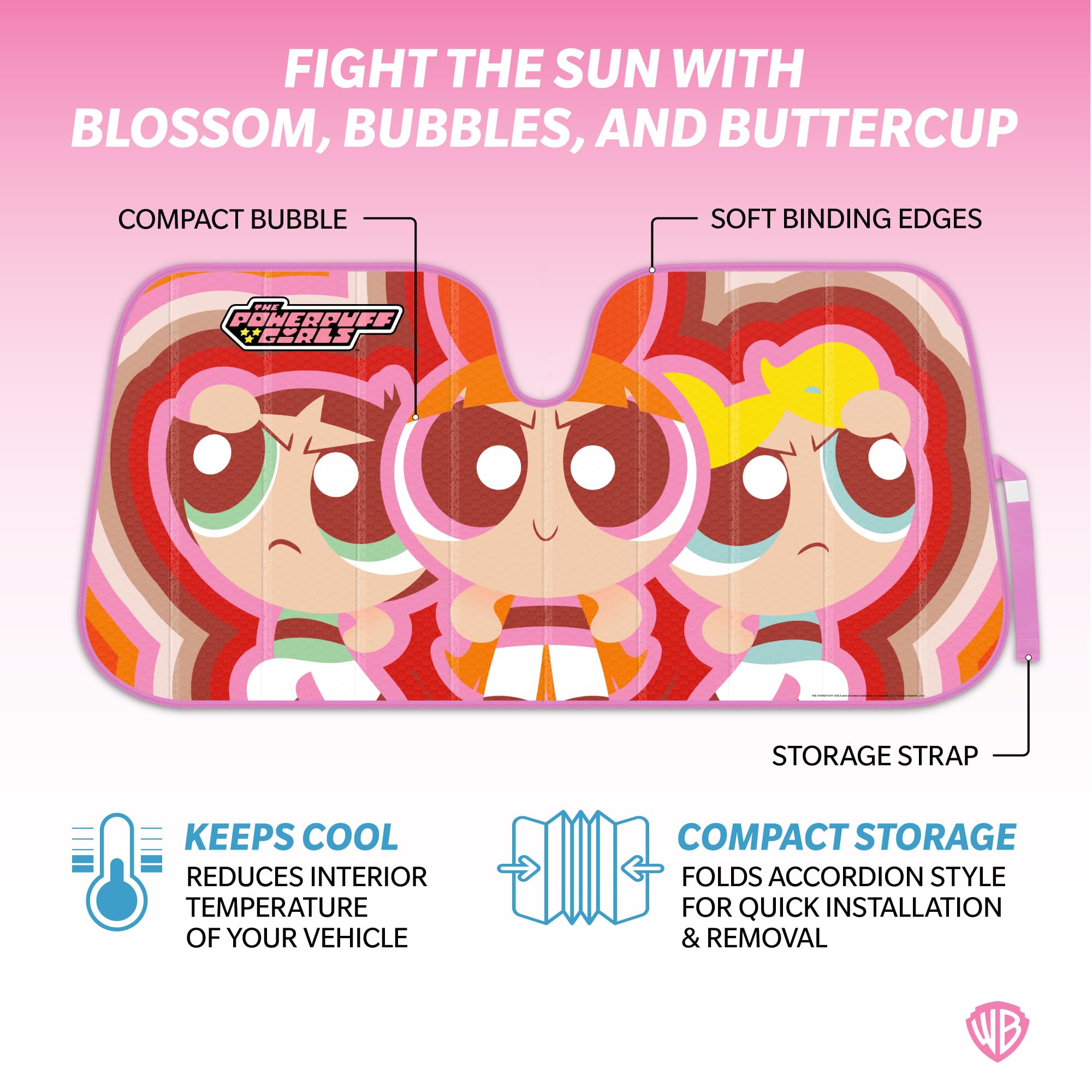 BDK The Powerpuff Girls Car Windshield Sun Shade, Accordion Style, Red/Pink/White, Model WBAS-1802, Officially Licensed