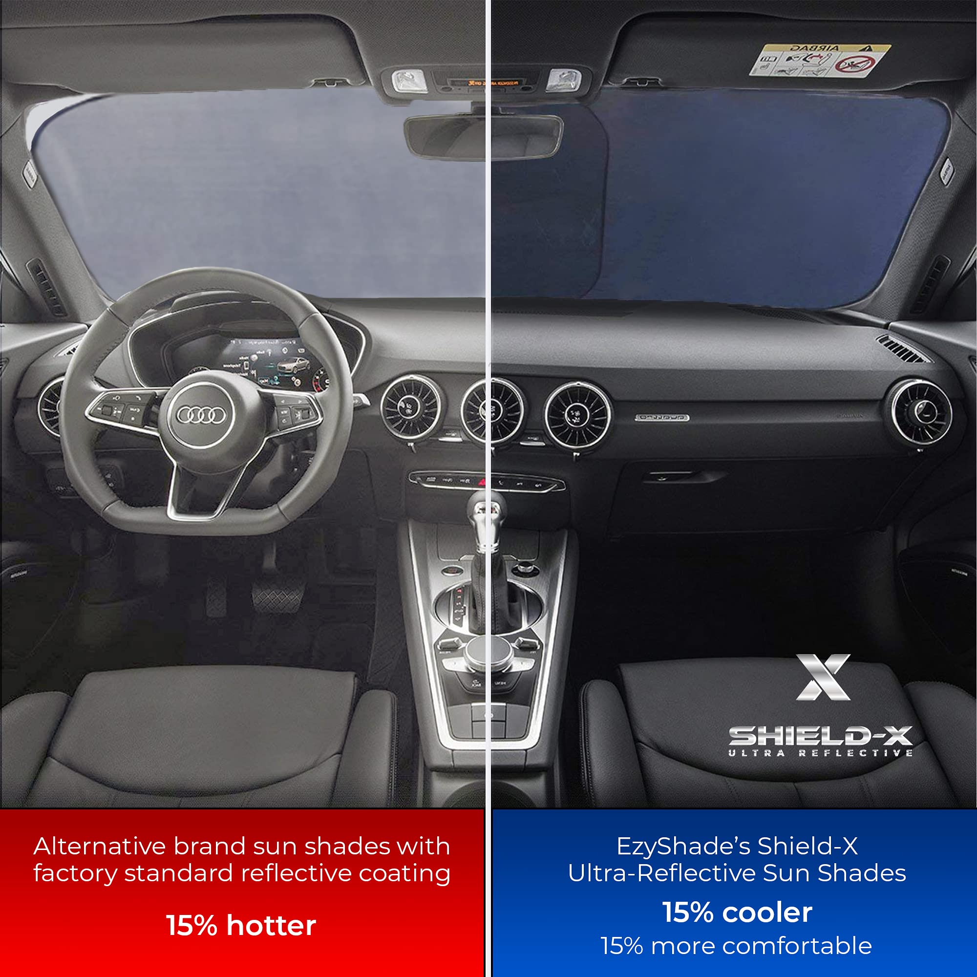 Ezyshade Windshield Sun Shade With Shield-X Reflective Technology. See Vehicle Size-Chart. Foldable Car Sunshade For Front Winds