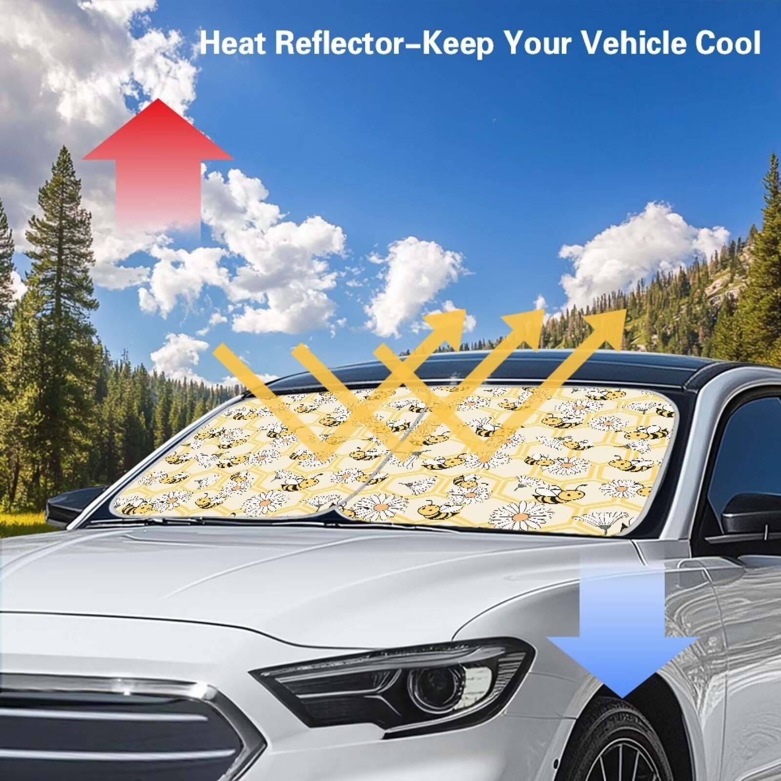 Renewold Bee Daisy Pattern Car Windshield Sun Shade Shield Portable Auto Sunshade Vehicles Sun Visor Fits For Most Sedan Van Suv