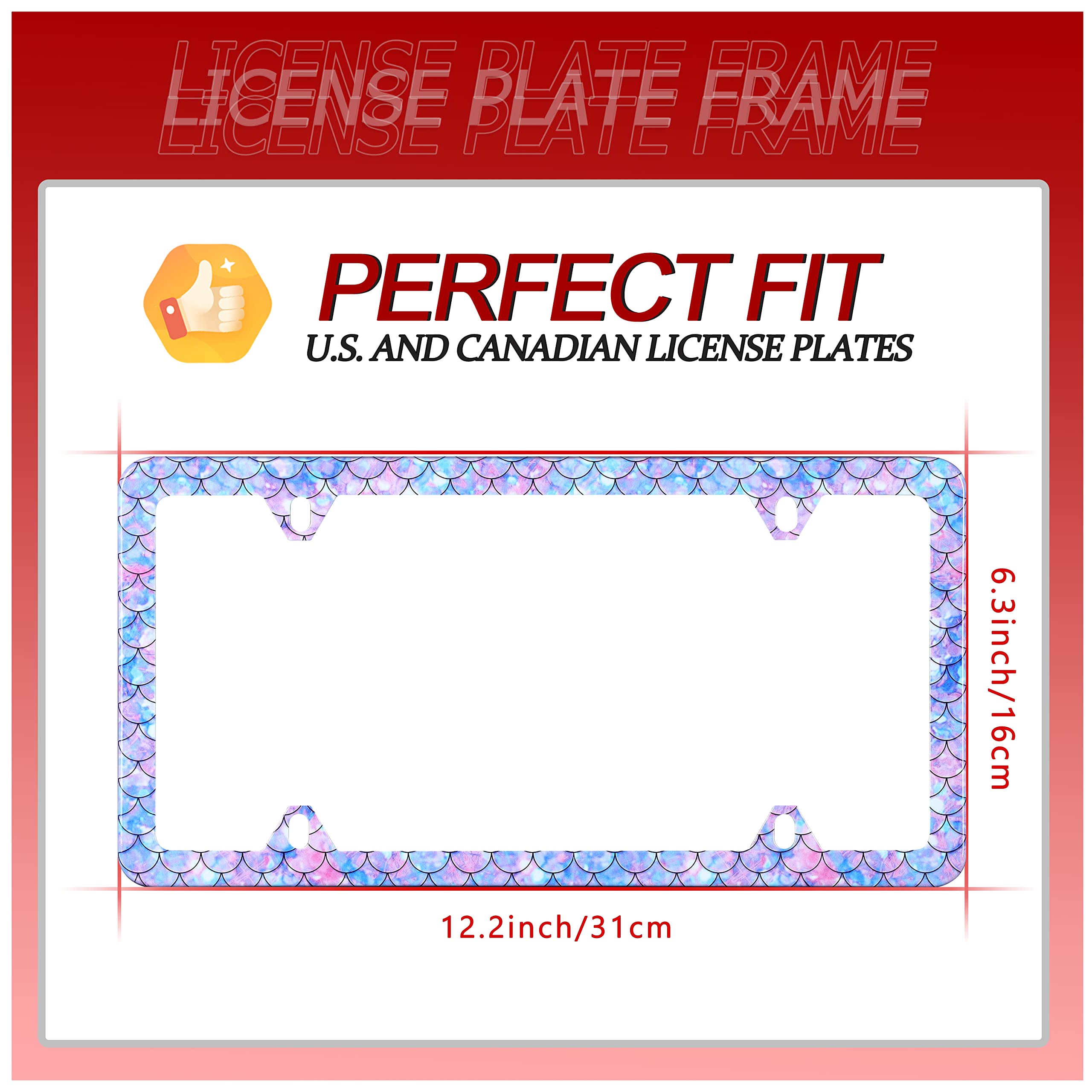 Mermaid Fish Scale Print License Plate Frame Beautiful License Plate Holder Stainless Steel Auto Parts Decoration With Screws Fo