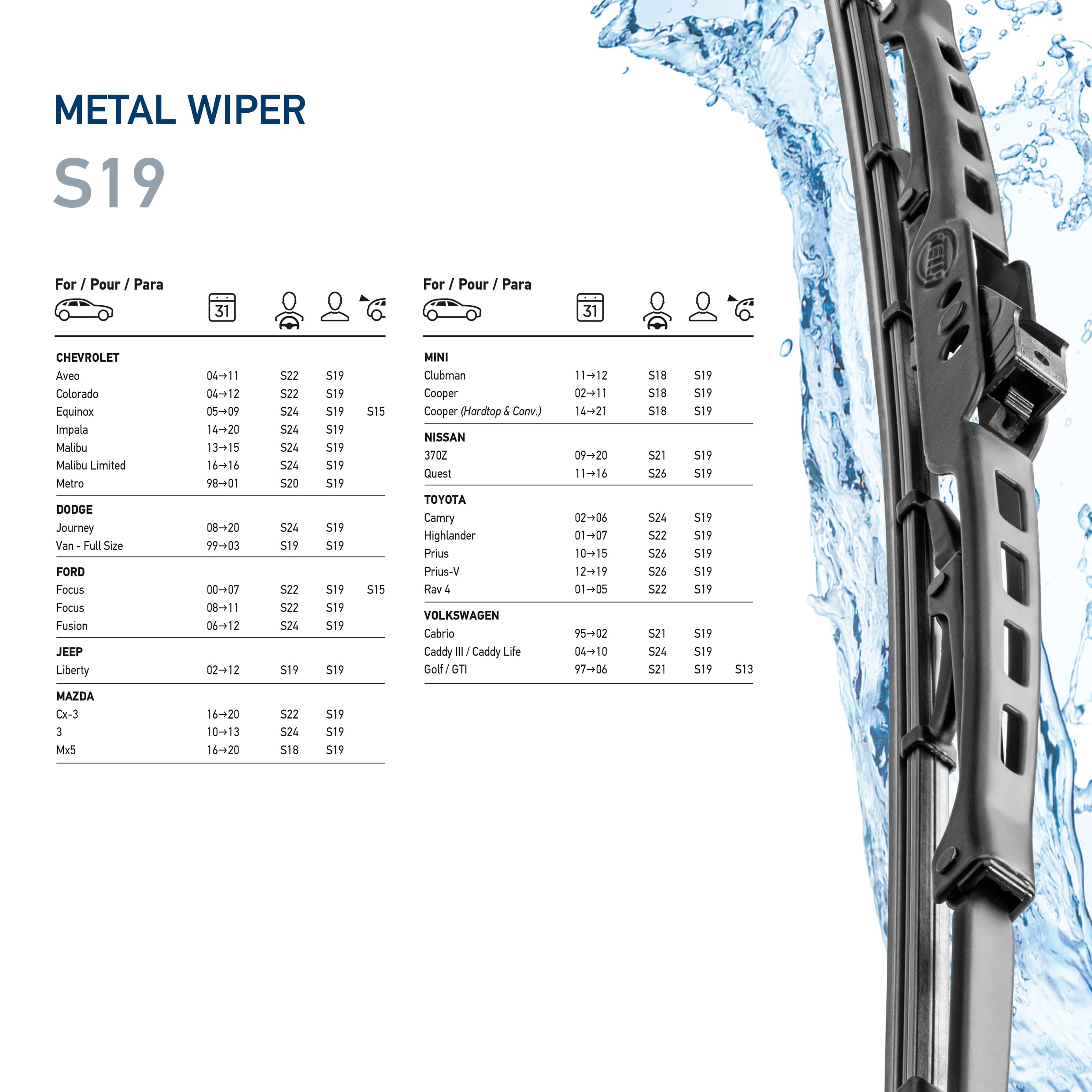 Hella Oe Quality 19 Inch All Seasons Streak-Free Rubber Standard Wiper Blade (Single Blade) Fit Select Chevrolet Dodge Ford Jeep
