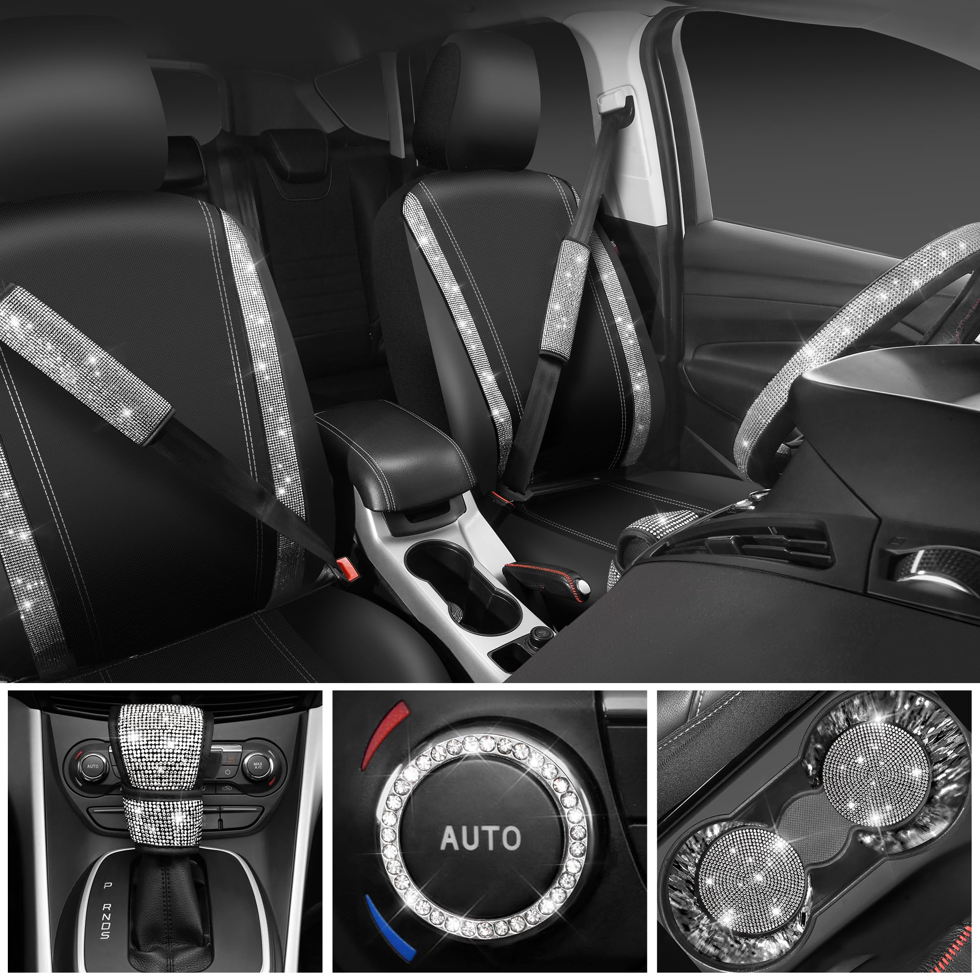 Car Pass Diamond Bling Leather Seat Covers Set - 12 Pcs Glitter Rhinestone Steering Wheel And Car Interior Accessory Set For Wom