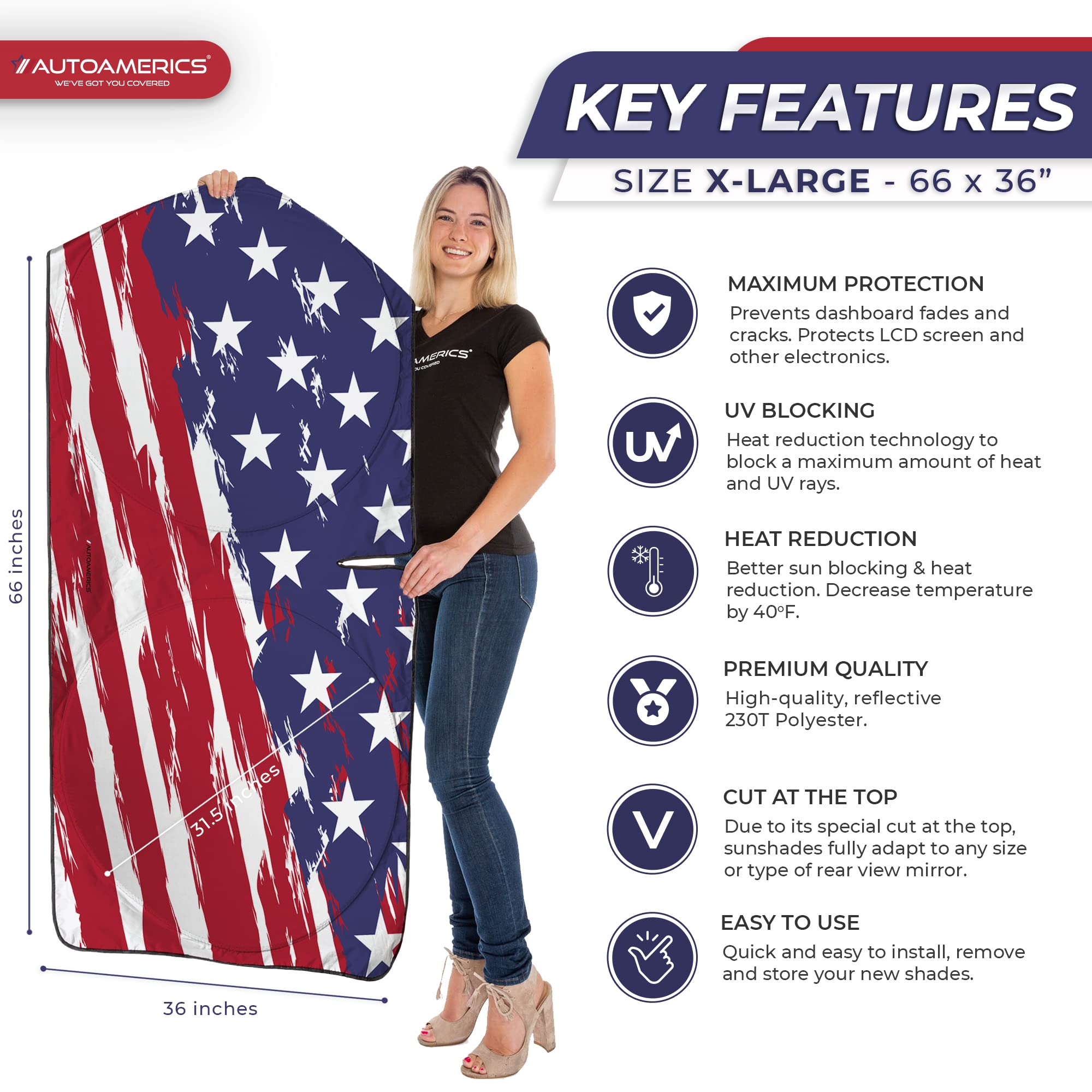 Autoamerics Truck Windshield Sun Shade With Storage Pouch & Anti-Slip Dash Pad - Foldable Usa Art Flag-2 Design - Fits Most Suvs