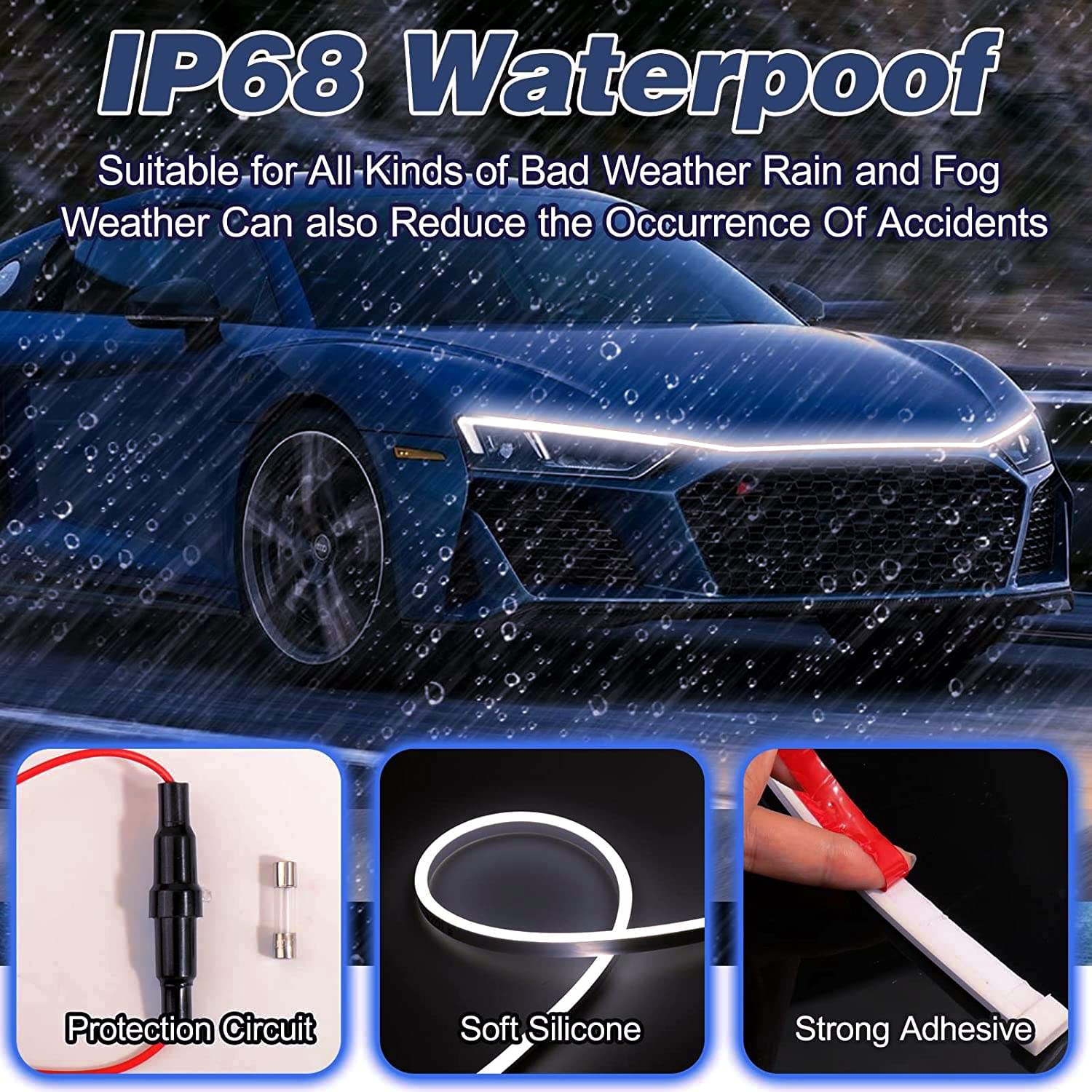 Car Led Hood Light Strip, 70 Inch 12V Flexible Waterproof Daytime Running Lights For Car, Universal Engine Cover Decoration Acce