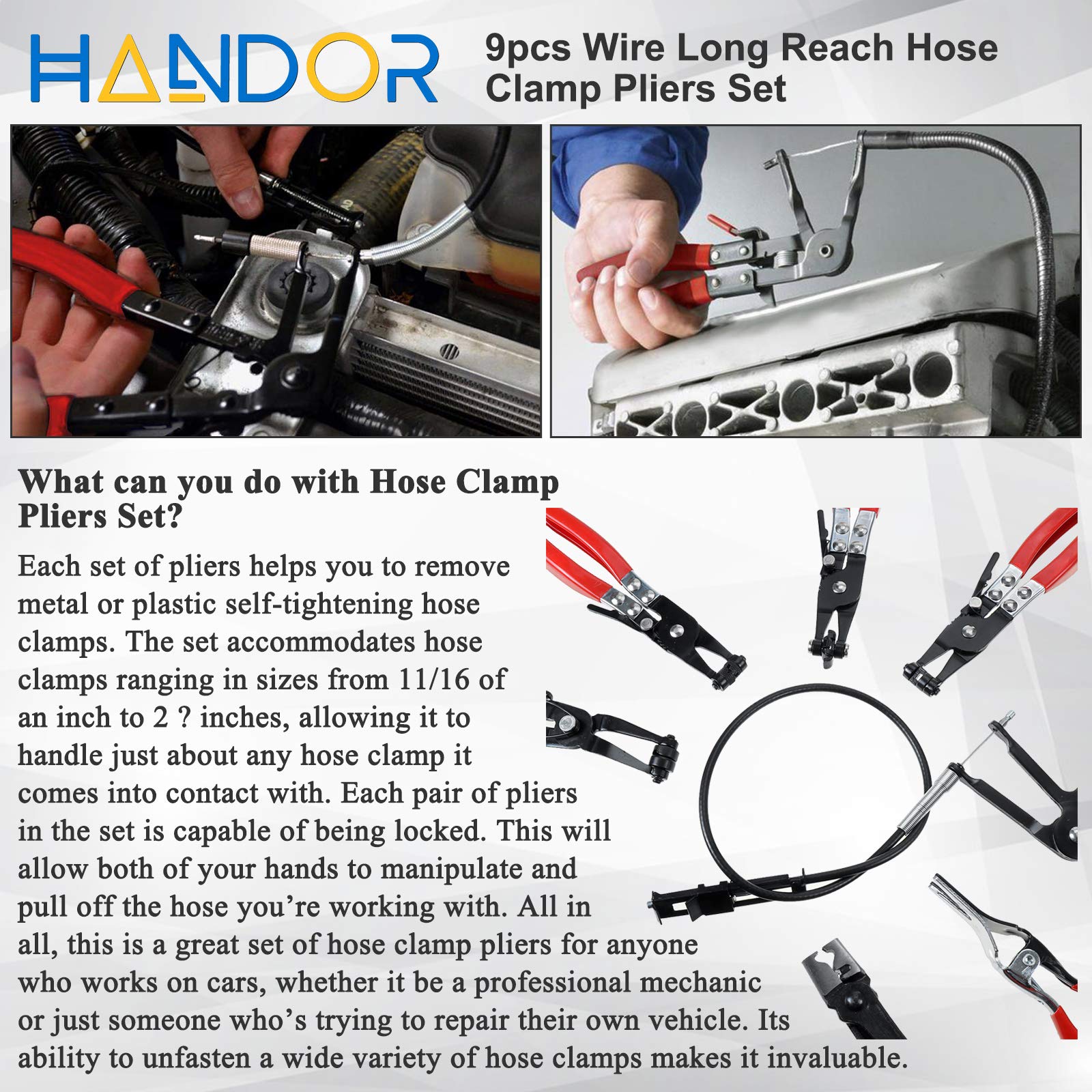 Handor 9pcs Hose Clamp Pliers Set, Alloy Steel Long Reach Tools for Fuel, Oil, Water Hoses - GGM-105020A-7094