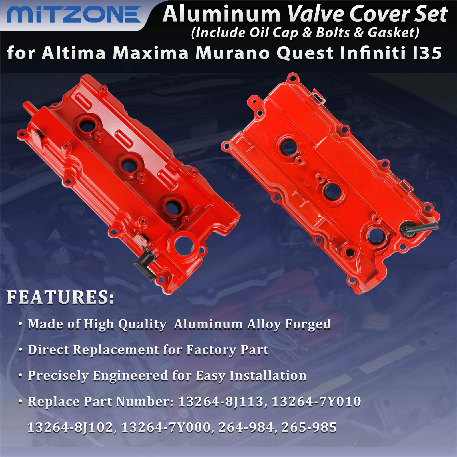 MITZONE Aluminum Valve Covers for 2002-2009 Nissan Altima/Maxima/Murano/Quest, VQ35DE 3.5L, Red, Model 004-002