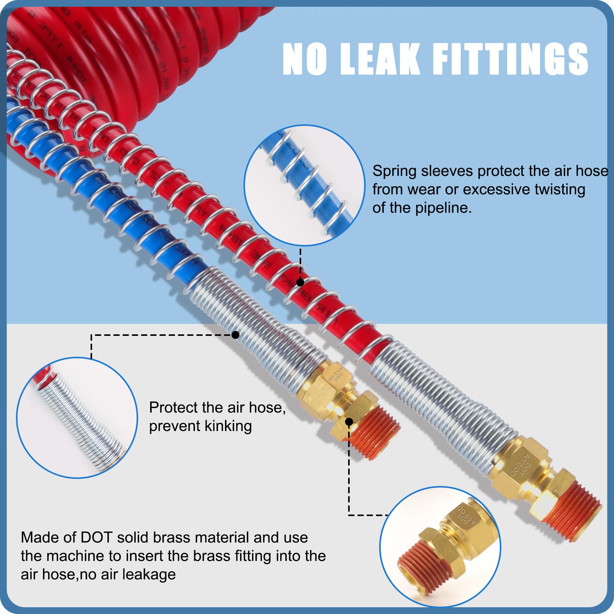 Ailbiuko Air Brake Line Hose Coil Assembly Coiled Set 15 Ft Air Lines Red Blue Hoses For Semi Truck Tractor Trailer,1/2'' Npt Do