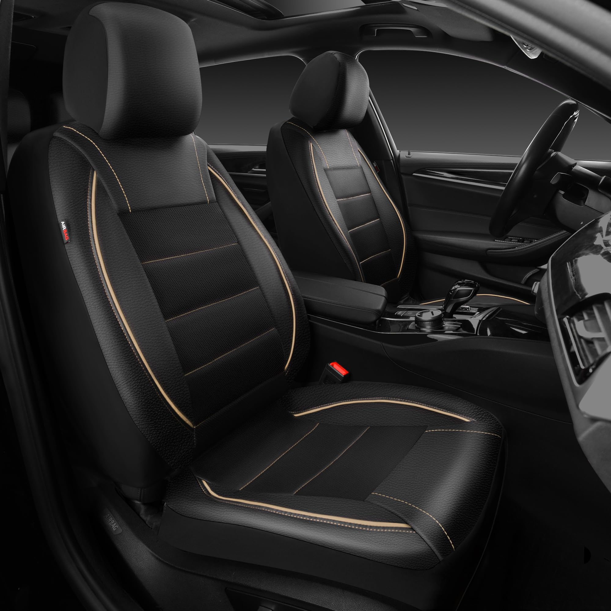 Car Pass Universal Fit Piping Leather Two Front Seat Covers, Waterproof Faux Leather For Suv Sedan Van Truck, Airbag Compatible,
