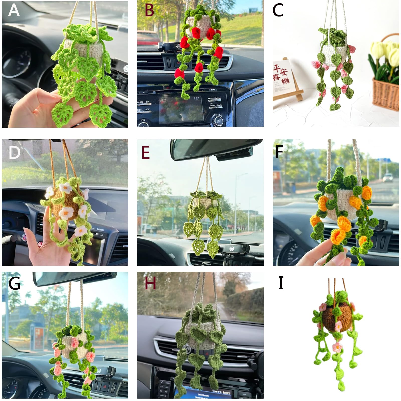 Crochet Hanging Plant for Car, Cute Car Plant Accessories, Knitted Plant Car Mirror Hanger, Boho Car Plant Crochet Hanging Baske