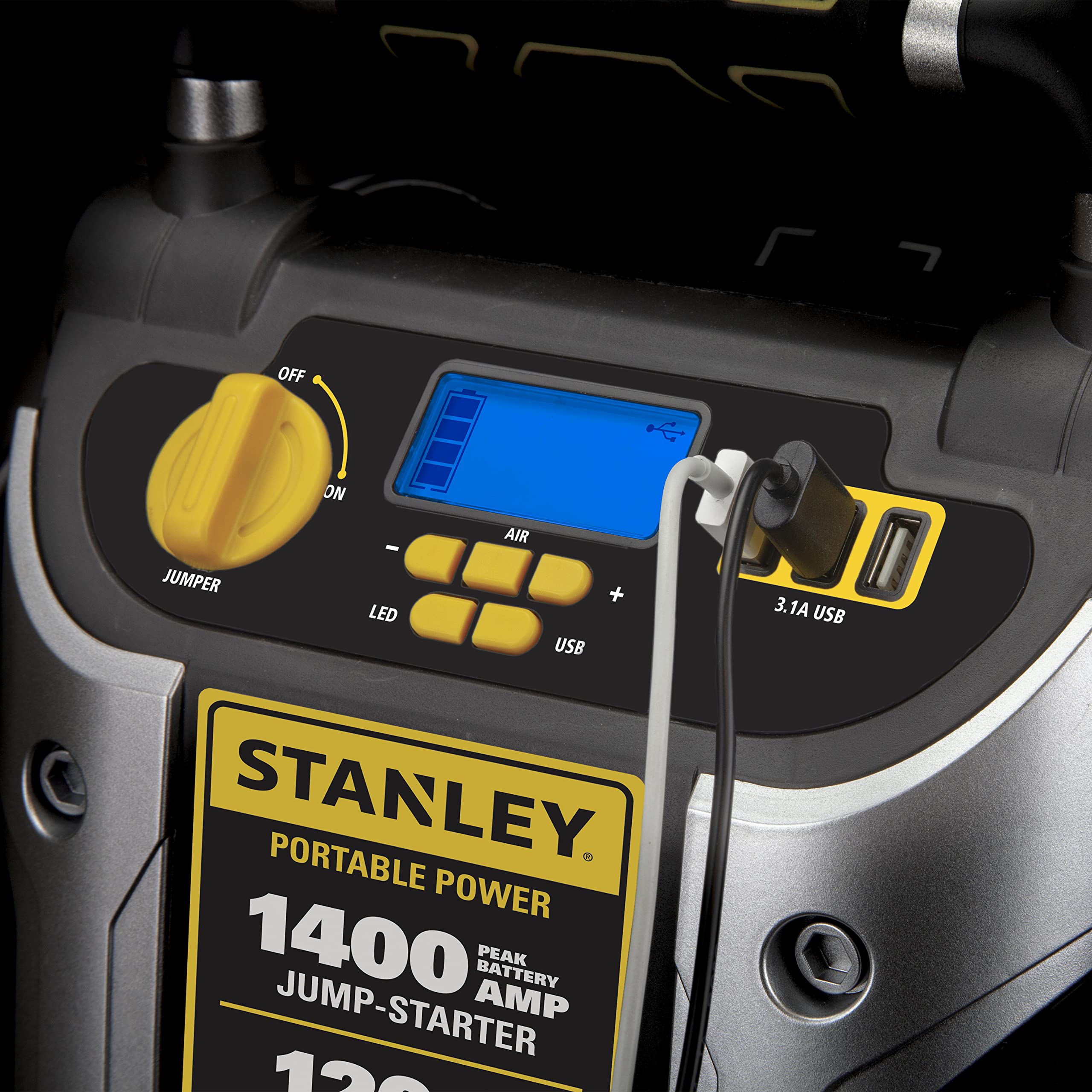 STANLEY J7C09D Digital Portable Power Station Jump Starter, 1400 Peak Amps, Silver, with 120 PSI Air Compressor & USB Ports