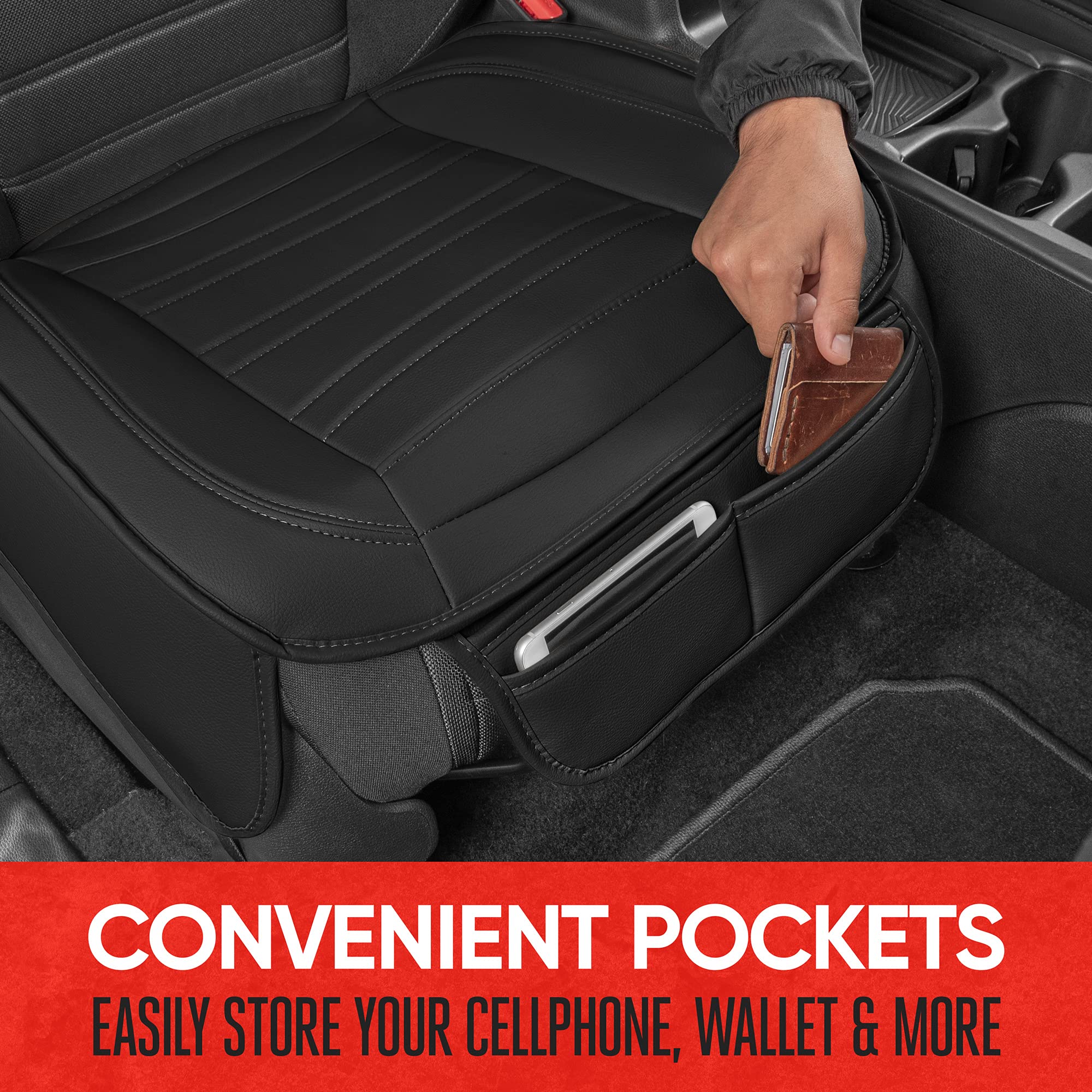 Motor Trend Black Faux Leather Car Seat Cover For Front Seats, 1-Piece Padded Car Seat Protector With Storage Pockets, Premium I