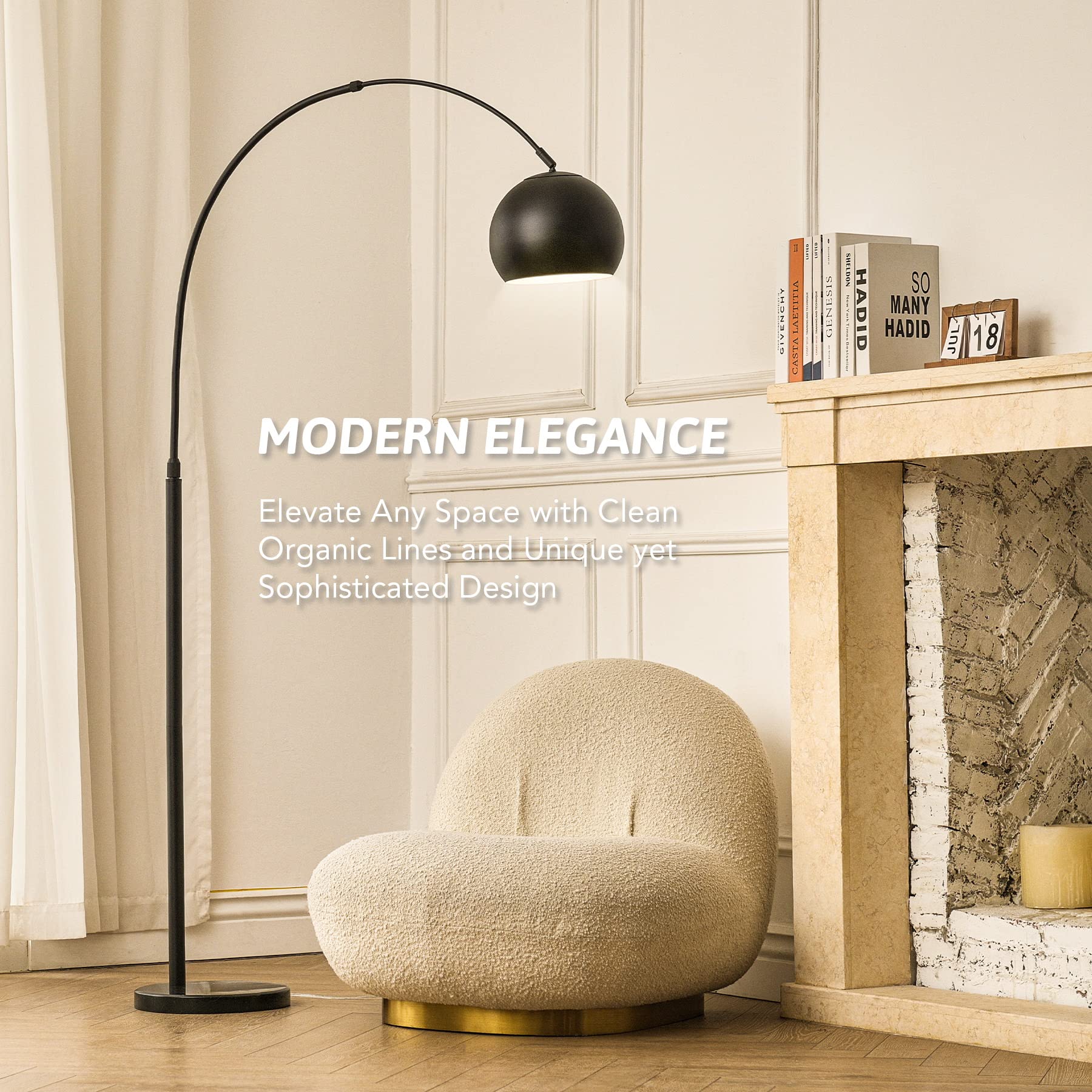 Vonluce Modern Arc Floor Lamp 69', Arc Floor Lamp With Inner White Metal Shade And Marble Base, Black Floor Lamp With Led Bulb, Contemporary Arch Floor Lamp For Living Room Couch Sofa