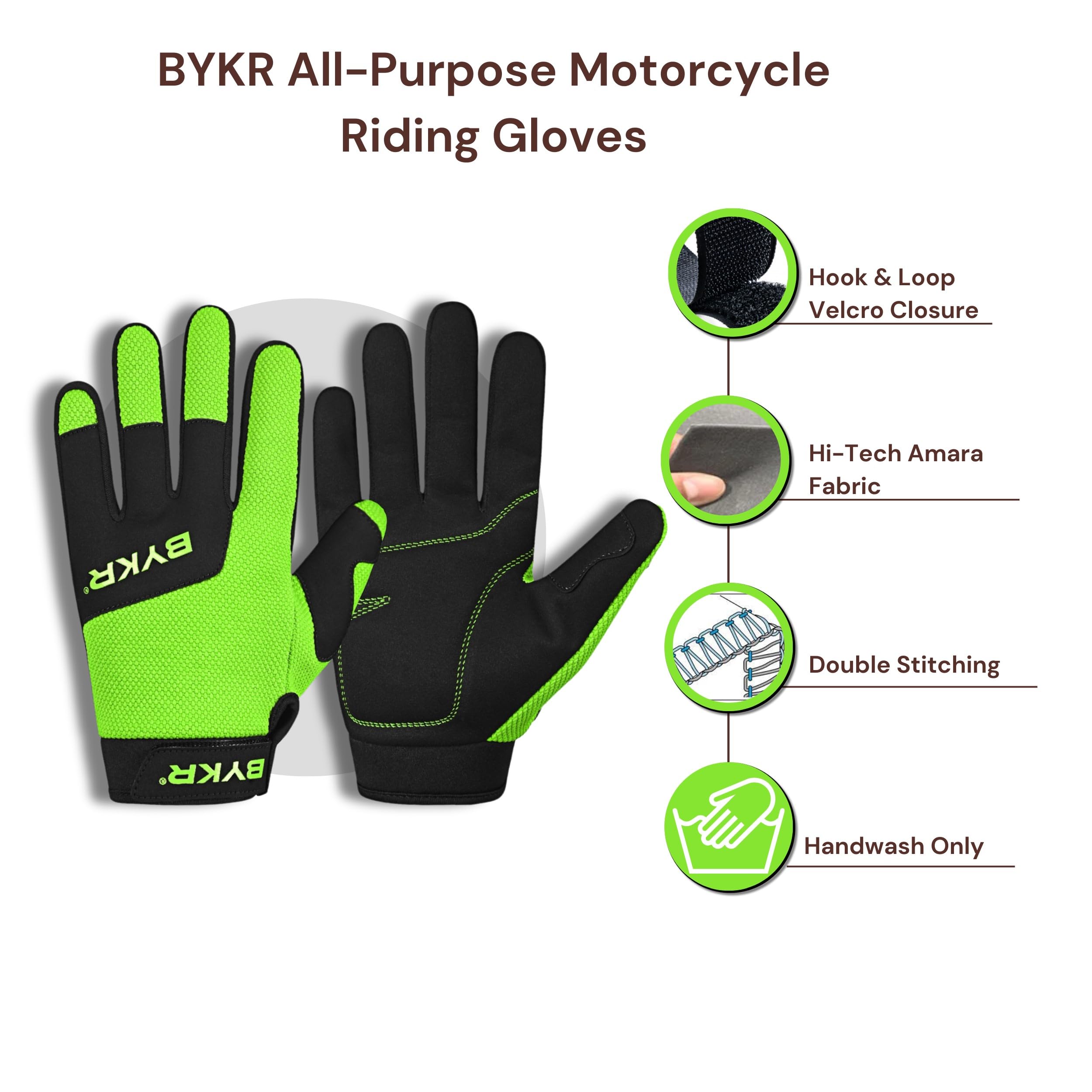 Bykr All-Weather Motorcycle Gloves For Men & Women - Protection For Dirt Bike, Bmx, Mx, And Atv Riding - Fl Green L