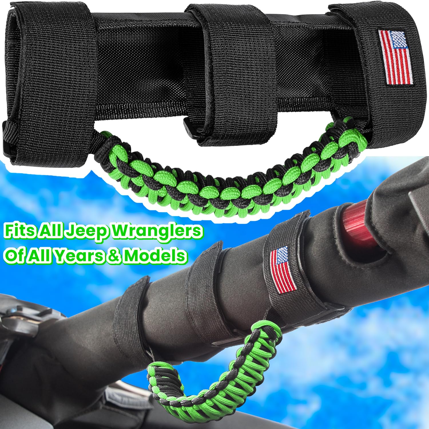 E-cowlboy 4 Pack Roll Bar Grab Handles for Jeep Wrangler YJ TJ JK JL JLU - Green Paracord US Flag Design