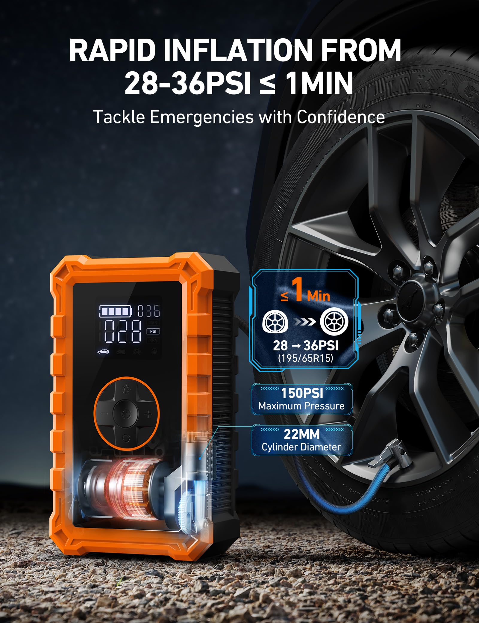 AstroAI S8 Air Jump Starter & Tire Inflator, 3000A Peak, 150PSI, Portable, Large, Orange