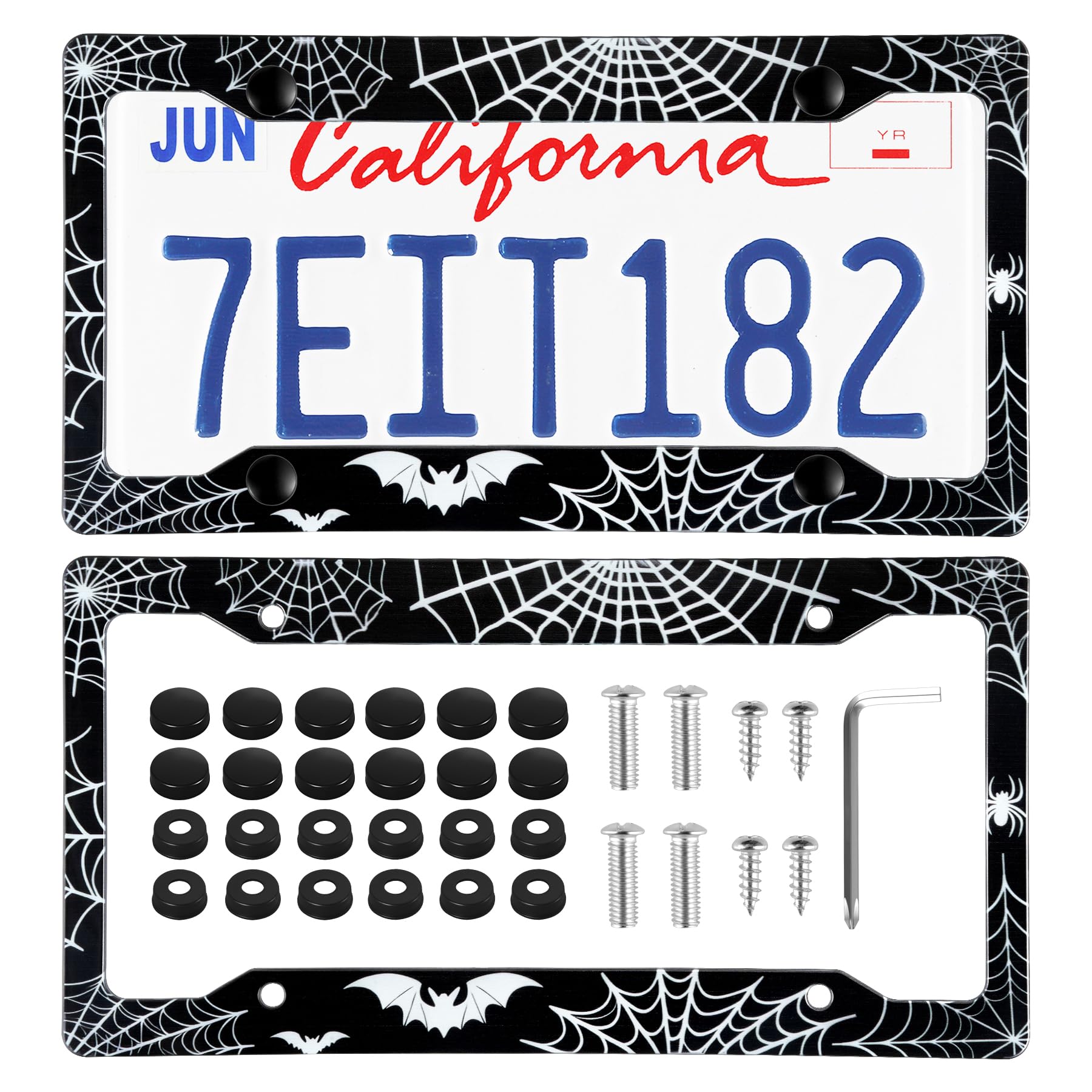 alpmosn 2PCS Spider License Plate Frames, 4 Holes Car Licence Plate Covers with Screws Washers and Caps, Halloween Car Exterior 