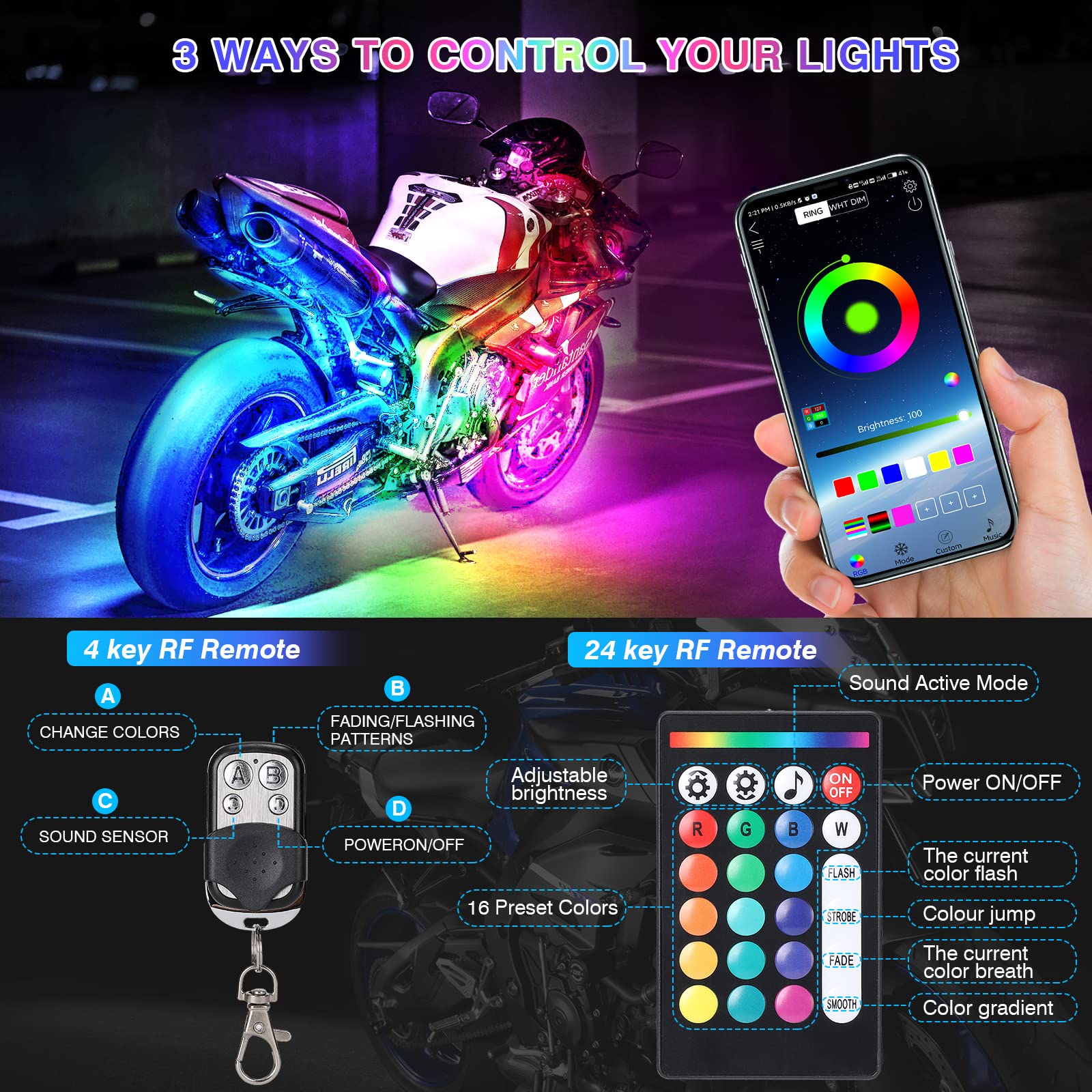 12Pcs Motorcycle LED Light Kit with Brake Light Turn Signal, Motorcycle Underglow Lights with APP/RF Remote Control, Dual Zone R