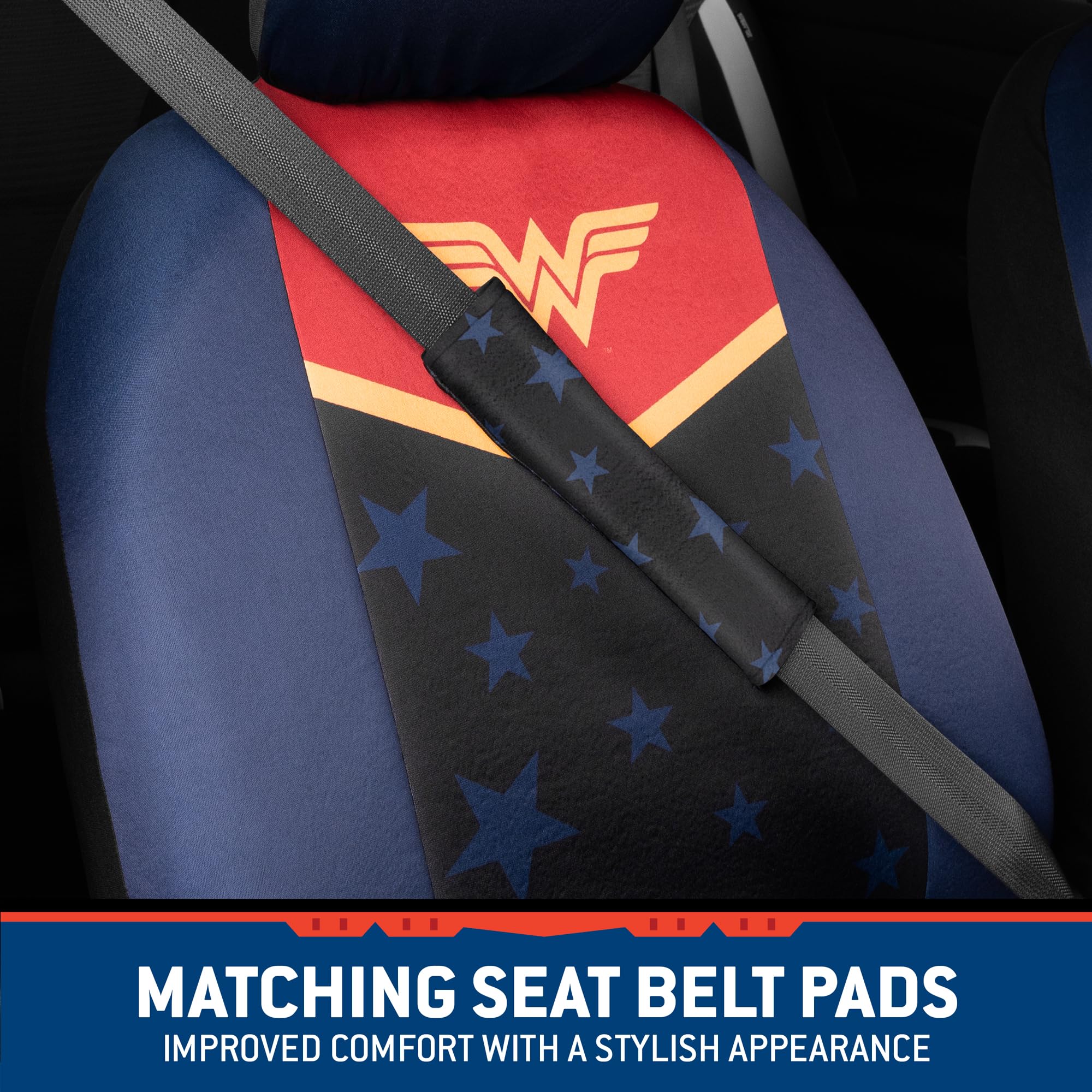 BDK Wonder Woman Car Seat Covers - Front Pair, Waterproof Polyester, Includes Head Cover & Seat Belt Pads, Universal Fit, WBSC-1926
